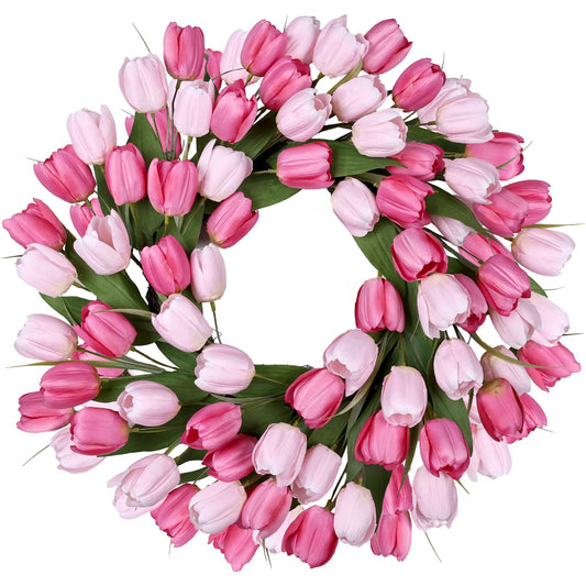24 Inch Tulip Summer Wreath for Front Door Spring Silk Wreath with Green Leaves Artificial Tulip Flower Wreaths for All Seasons Farmhouse Porch Wall Living Room Home Widding Decor-Red