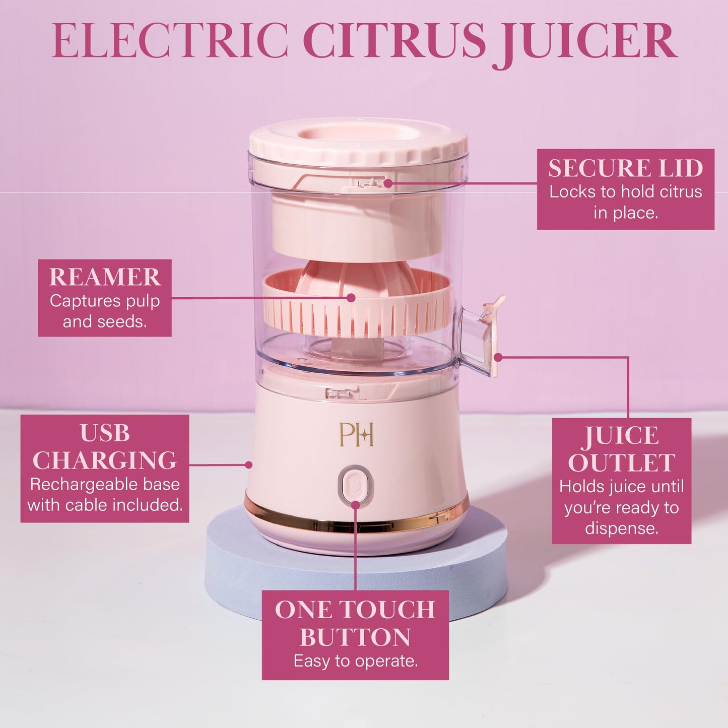 Paris Hilton Electric Citrus Juicer, Mini Portable Cordless Juicer with USB Rechargeable Base, One-Touch Button, Compact Lemon, Lime and Orange Juicer, Pink
