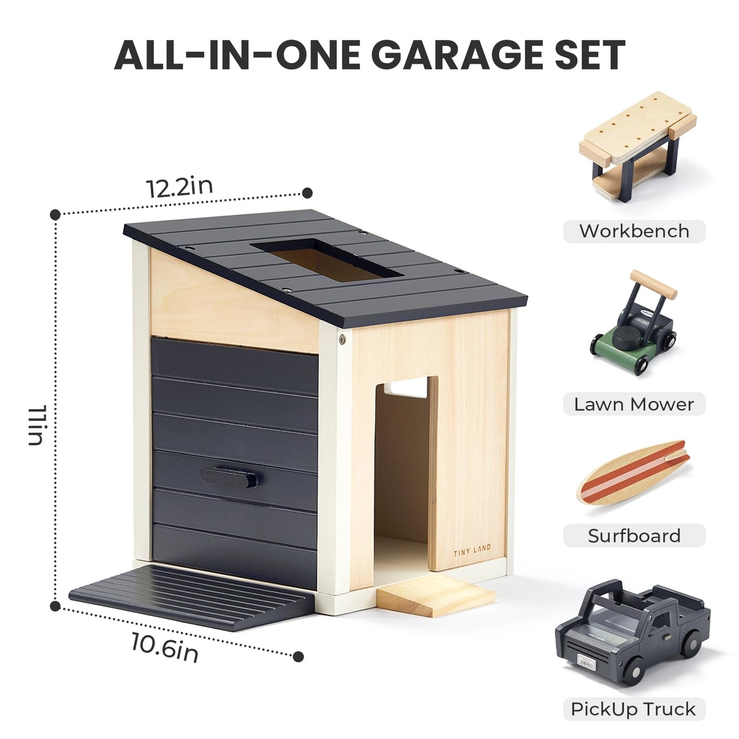 Tiny Land Wooden Dollhouse Garage Set – Realistic Design with Garage, Workbench,Lawn Mower & SUV Car, Expansion Dollhouse Furniture & Accessories for Doll house, Educational Pretend Play Gift for Kids