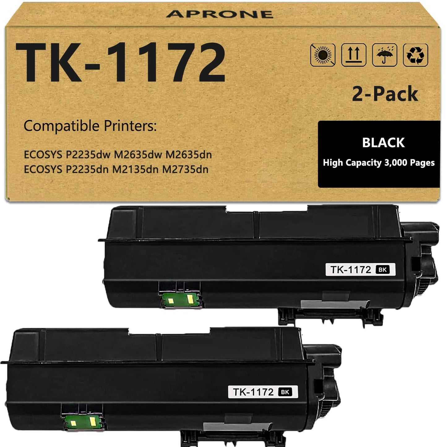 APRONE TK-1172 TK1172 Black Toner Cartridge Compatible for Kyocera TK 1172 for ECOSYS M2040dn M2540d M2540dw M2640idw Printers (7200 Pages, 2-Pack)