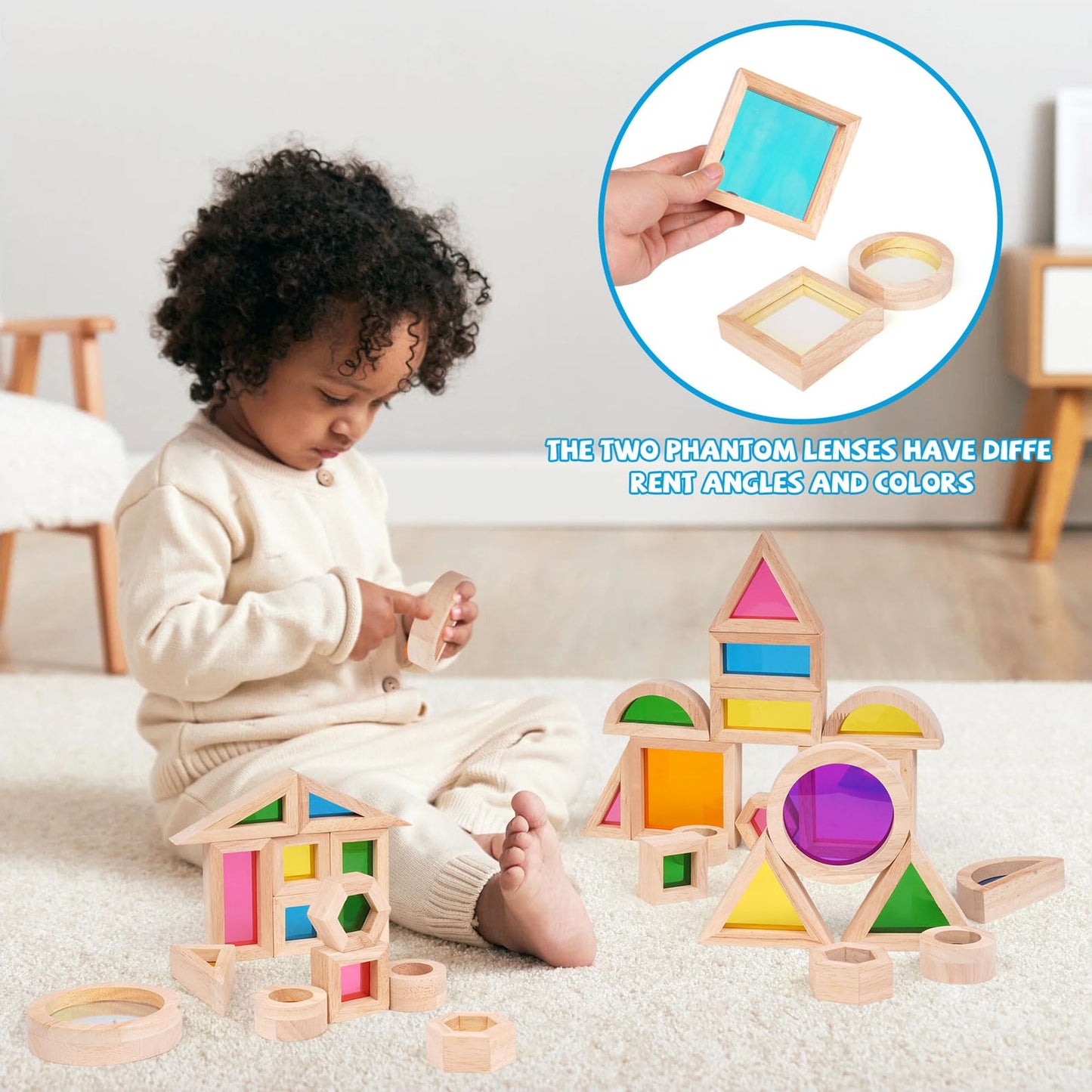 Wooden Rainbow Building Blocks for Kids 32 Pcs Rainbow Stacker Stacking Blocks Game Colorful Construction Toys Preschool Learning Educational Toys -Geometry Wooden Blocks for Boys & Girls