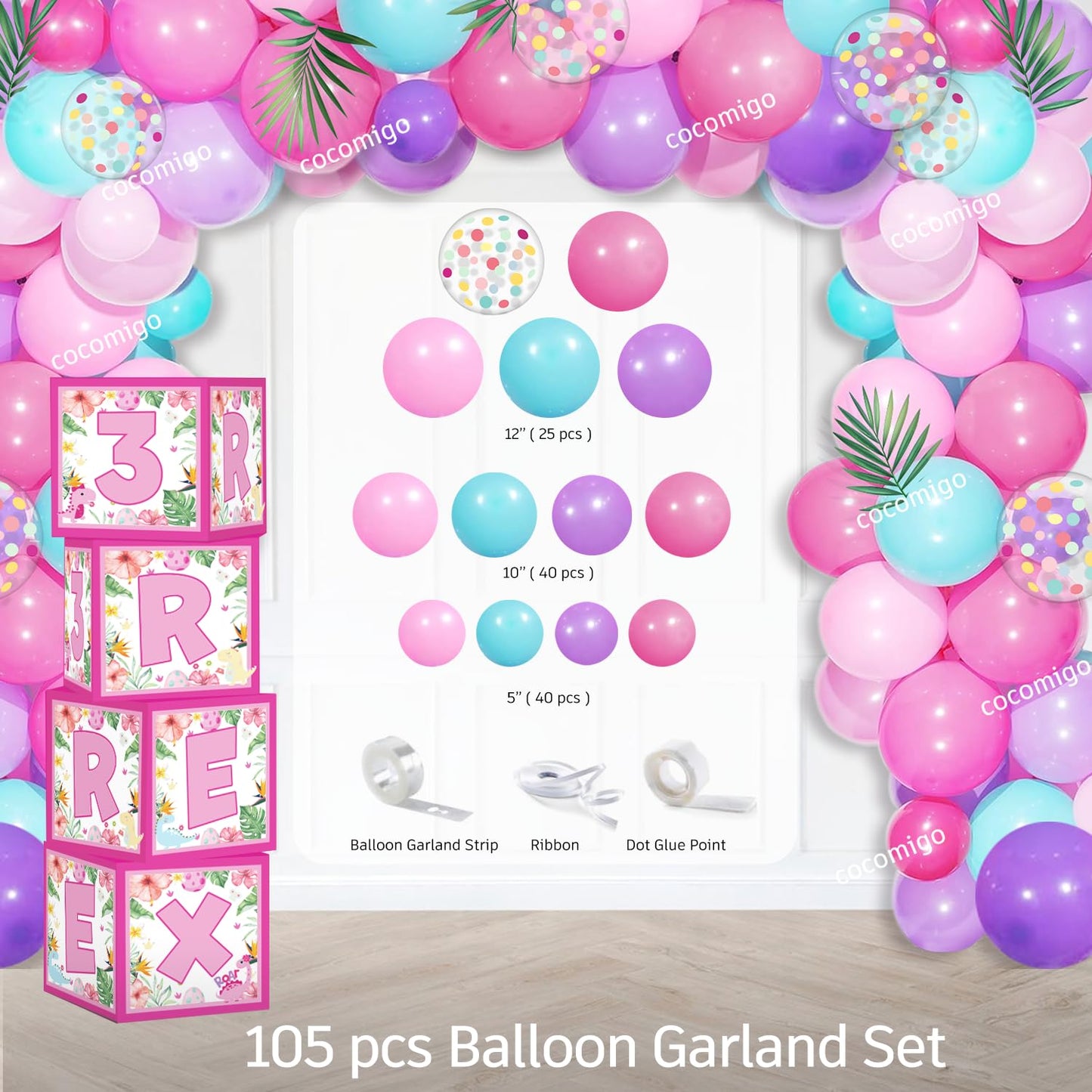314Pcs Three Rex Birthday Decorations Serves 25 Guests, All-in-One Pink Dinosaur Birthday Decorations Includes Balloon Arch Kit, Banner, Plates, Balloons Box, Tablecloth, Cake Topper