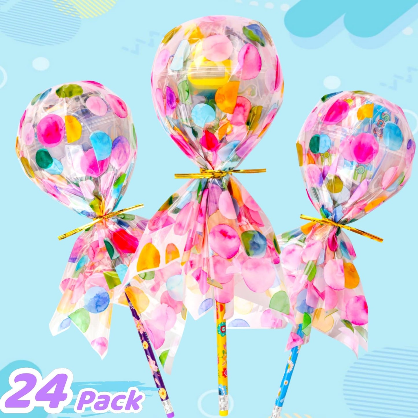 Thesixowls Giant Lollipop Birthday Goodie Bags, 24 Pack Lollipop Return Gifts for Birthday Party – Fun Goodie Bags Classroom Rewards Students Gifts Class Prizes