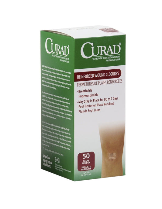 CURAD Sterile Medi-Strips Reinforced Wound Closures, 1/4" x 3", Hypoallergenic, 50 Packs of 3 Strips (150 Strips Total)