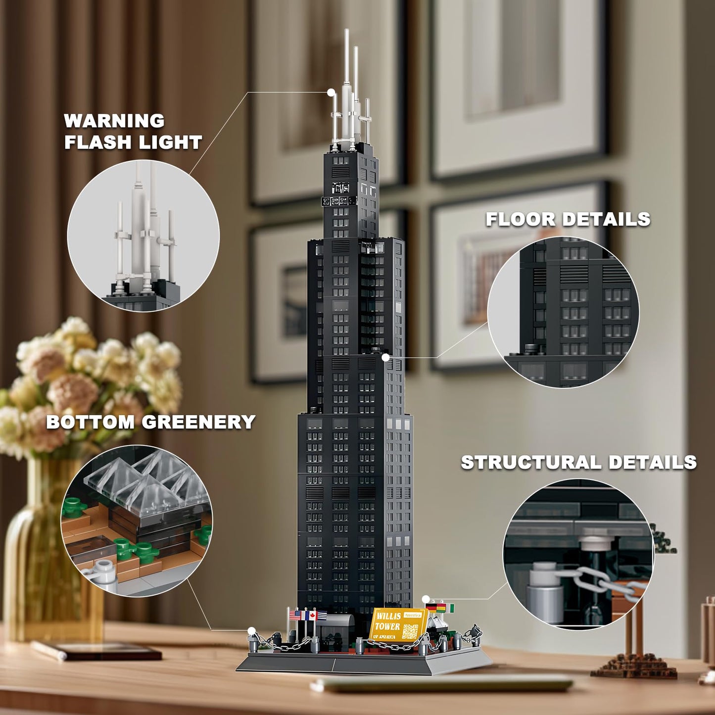 LQPFBSM Willis Tower Chicago Architecture Model Building Block Sets,World Famous Landmark Series Toys Gitf for Kids Adults 1241 Pieces