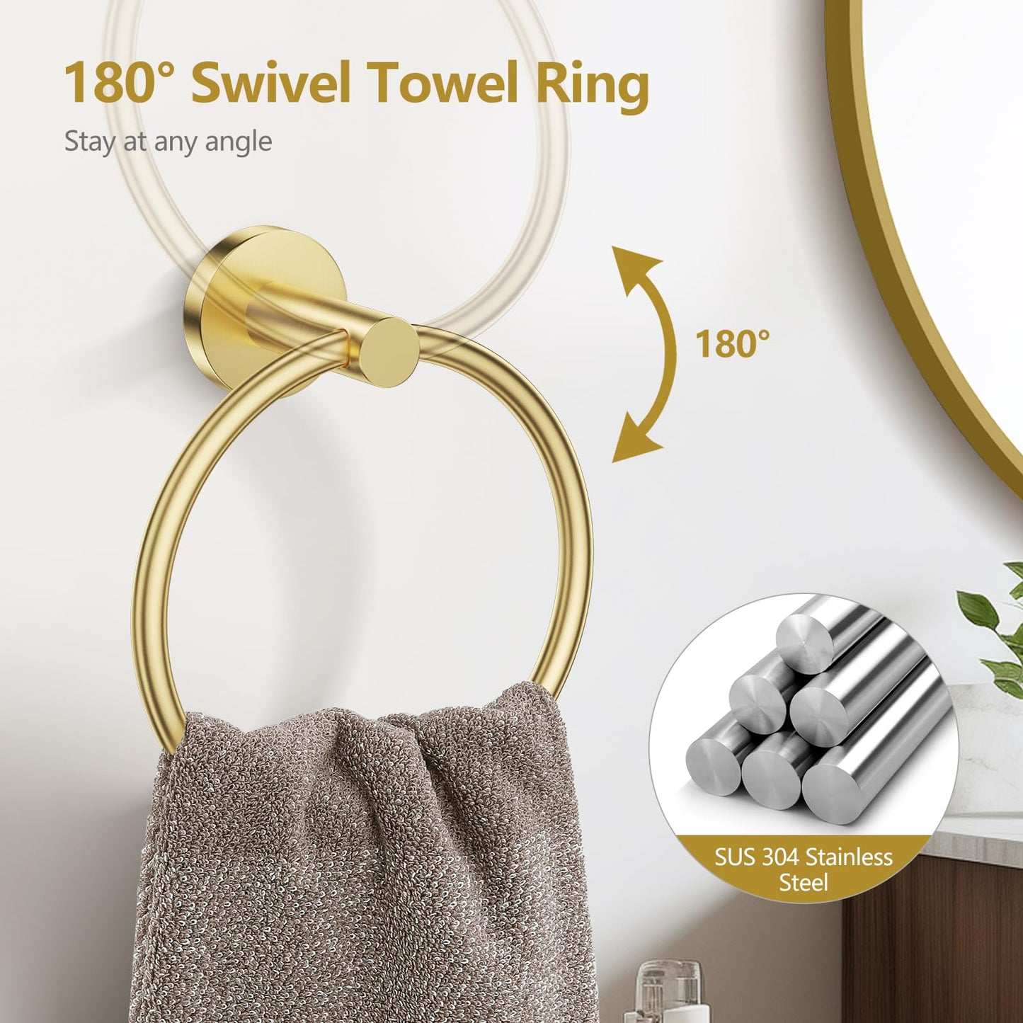 TQKAG 5 Piece Bathroom Towel Bar Holder Sets Brushed Gold Bathroom Hardware Set Stainless Steel Toilet Paper Holder with Shelf Bathroom Accessories Kit Wall Mounted