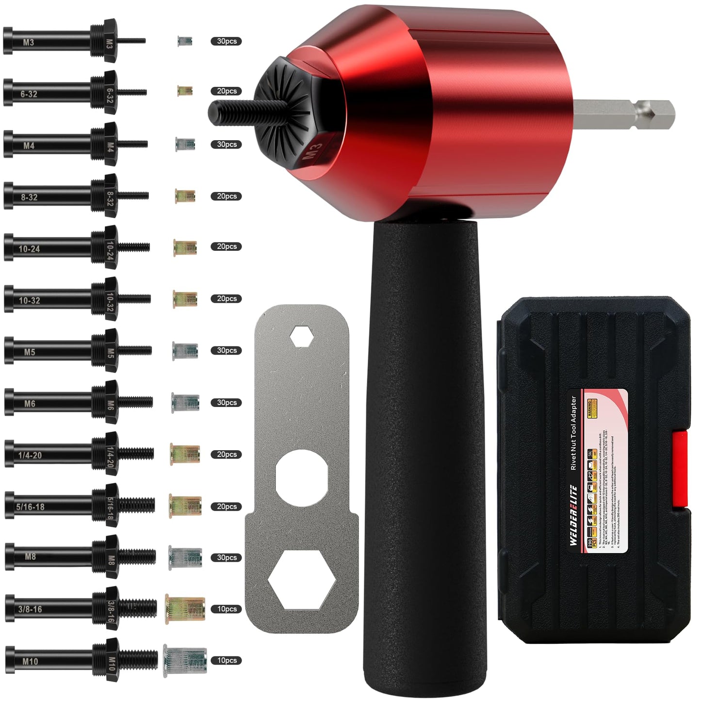 WelderElite Rivet Nut Drill Adaptor Tool Kit Contains 290 Rivet Nuts and 13 mandrels