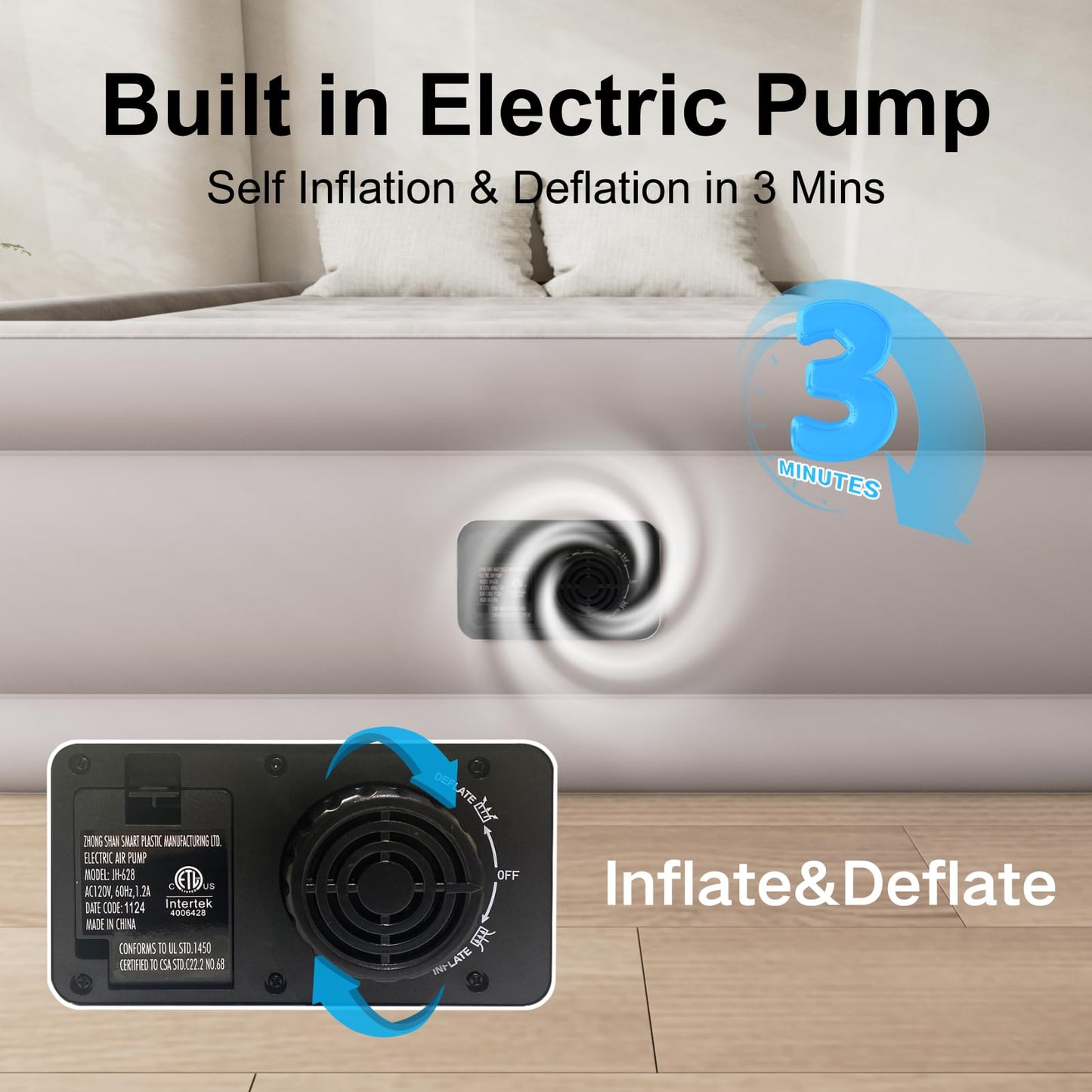 REACH HOPE Air Mattress with Built in Pump Full, Plug-in Electric Pump Self-Inflatable Air Bed, Blow Up Travel Bed, Comfortable Airbed for Rental Home, Camping and Guests.(18" Height Full, Khaki)