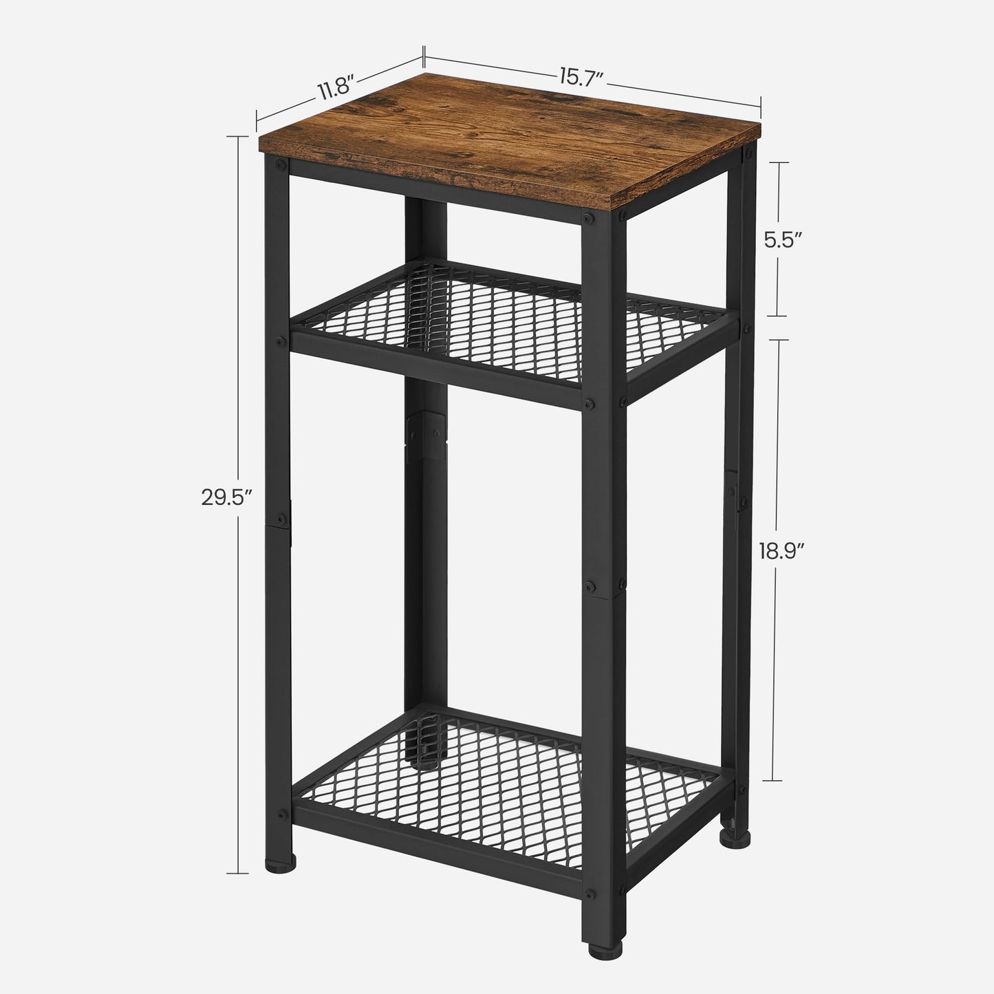 VASAGLE 3-Tier Tall Side Table, Small Telephone End Table Stand with 2 Mesh Storage Shelves for Office, Bedroom, Living Room, Kitchen Cart, Rustic Brown and Ink Black