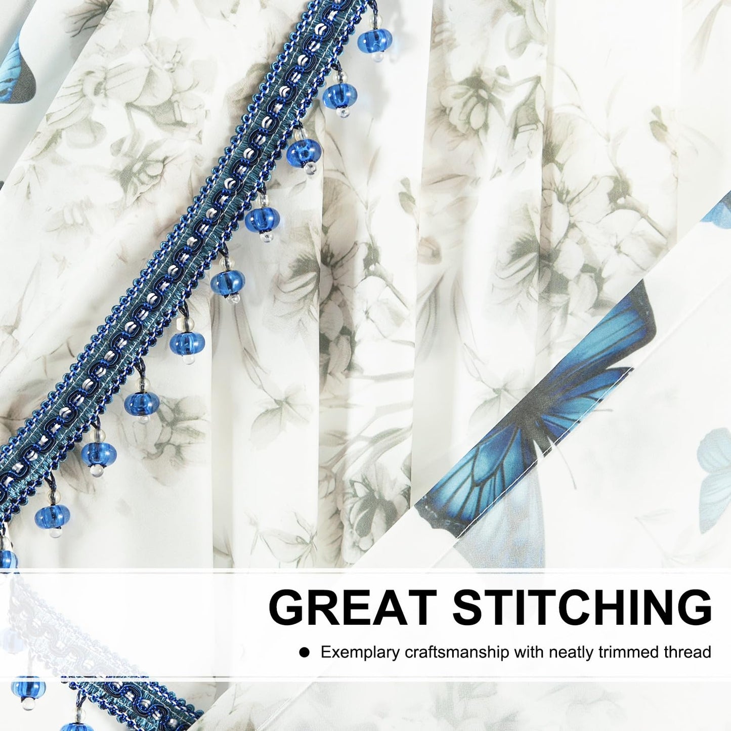 Leeva Luxury Sheer Valance Curtains with Bead Tassels, Farmhouse Waterfall Swag Design, Butterflies Print Valance for Windows, 59"x 43", Lightweight Voile for Nursery Bedroom Kitchen
