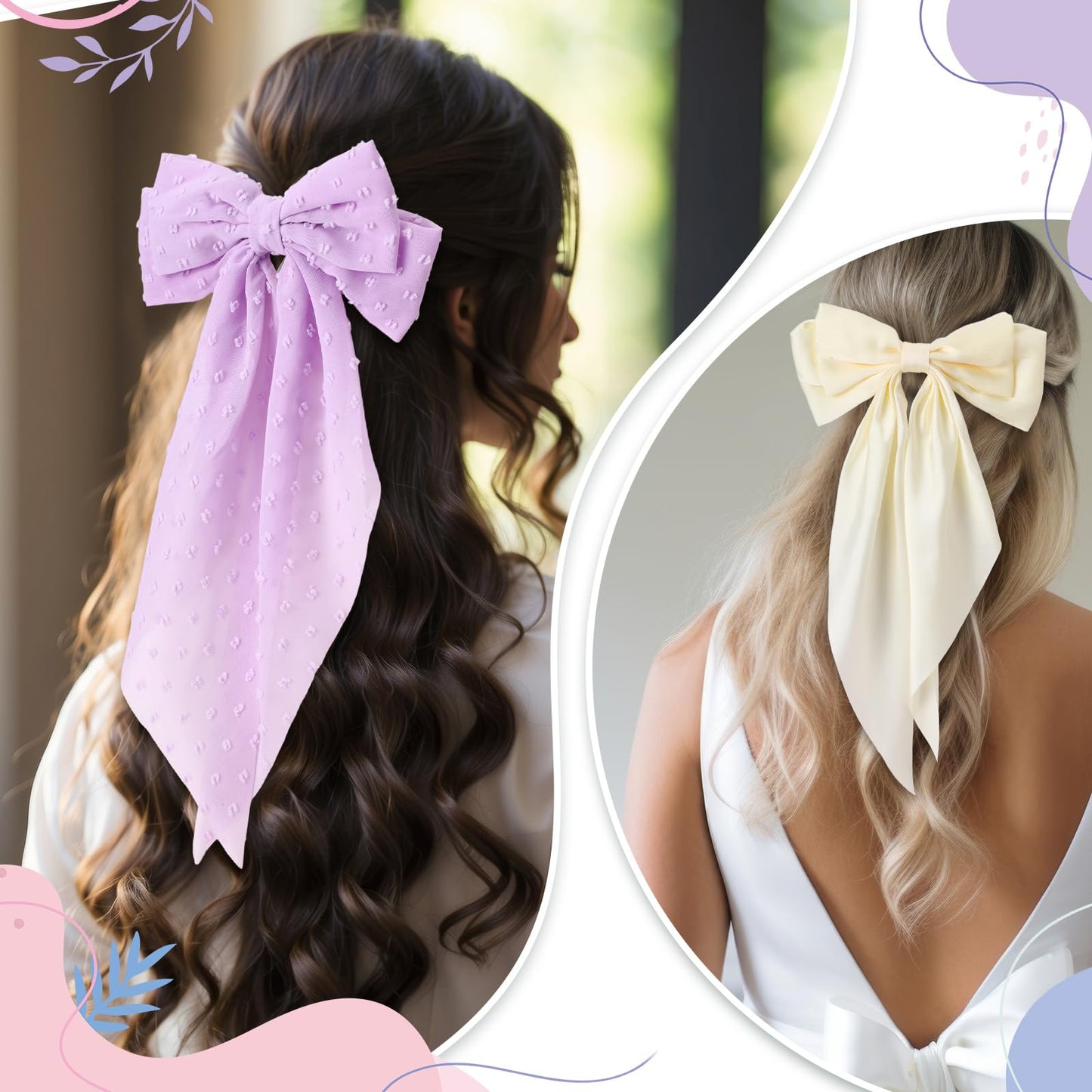 Mimorou 36 Pcs Big Hair Bows for Women Silky Satin Hair Bows Bulk Oversized Long Tail Black White Hair Bow Large Hair Ribbons Hair Clips Barrettes Large Metal Clips Bowknot Hair Accessories Gift