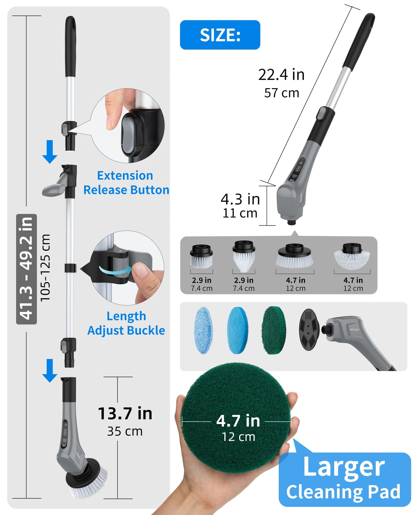 MR.SIGA Electric Spin Scrubber, Cordless Cleaning Brush, Shower Scrubber with 7 Replaceable Brush Head, Waterproof Bathroom Power Scrubber for Kitchen and Bathroom Cleaning