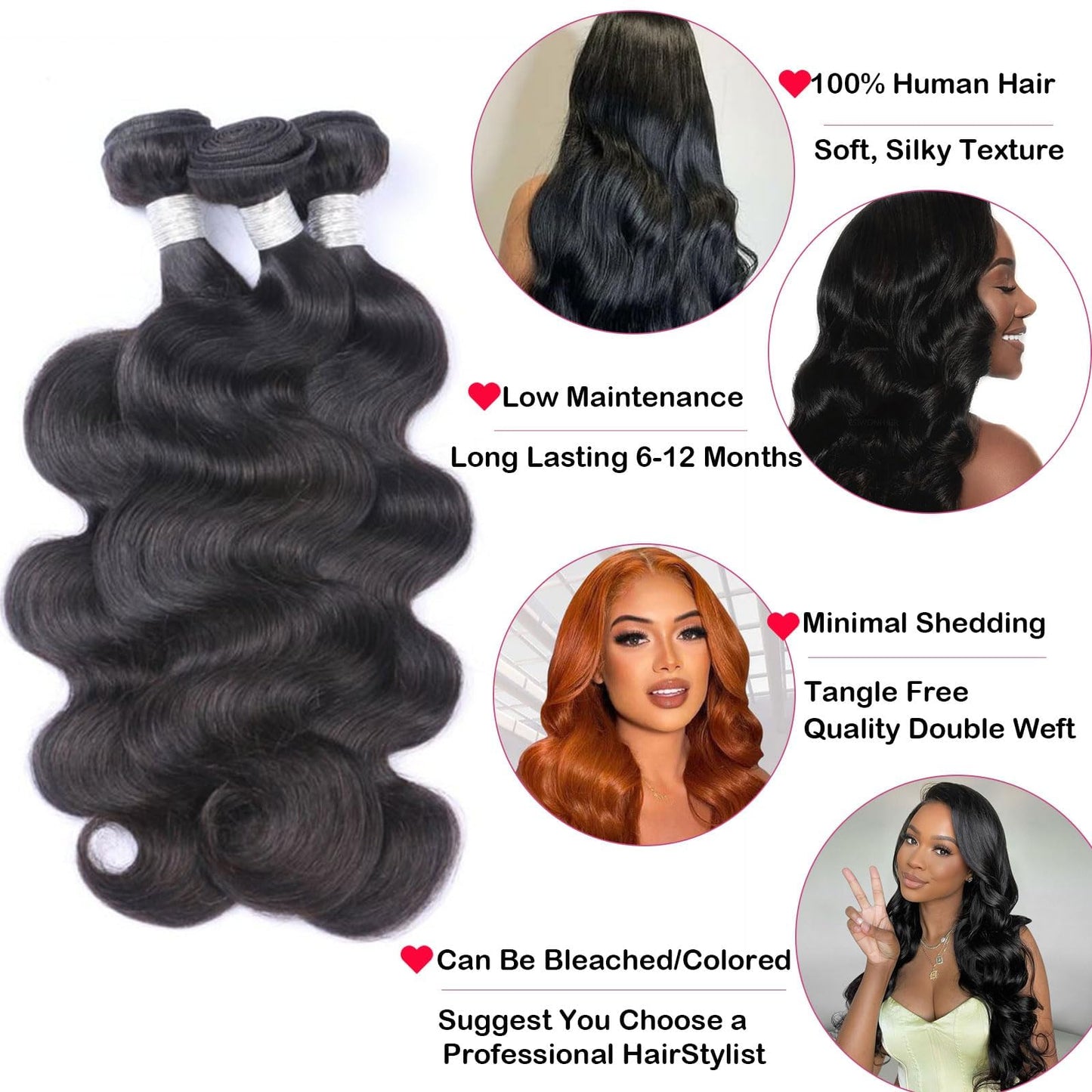 SilkSleek Body Wave Bundles Human Hair 16 18 20 Inch 12A 3 Bundles 100% Unprocessed Virgin Remy Hair Quick Weave Bundles Hair Extensions for Black Women Double Weft Sew in Bundles Natural Color