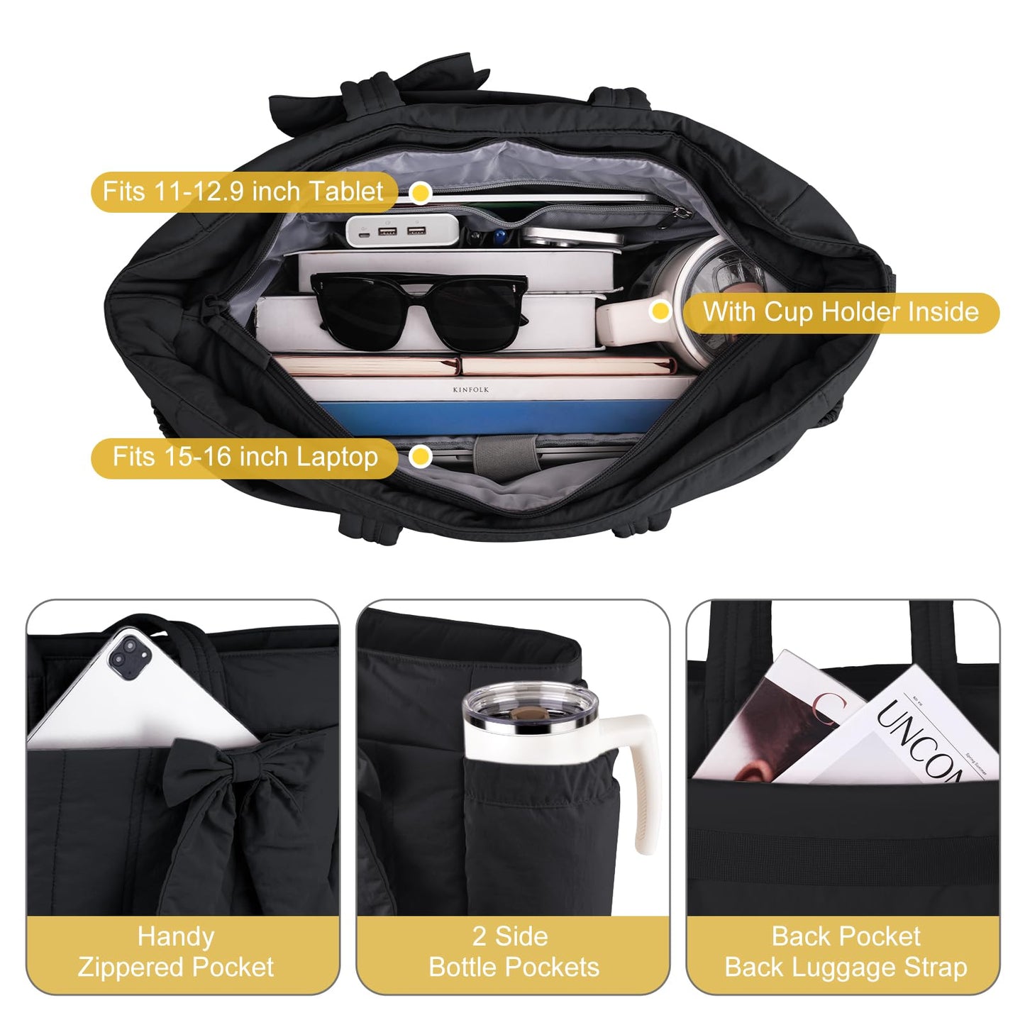 MOSISO Tote Bag for Women, Laptop Bags Handbag Work Tote Bag with Cup Holder & Bownot & 15-16 inch Laptop Compartment for Travel Work School, Lightweight Puffer Tote Bags with Trolley Sleeve, Black