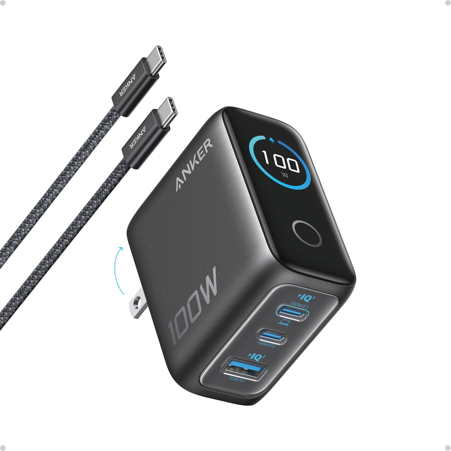 Anker Charger, 100W Max Ultra-Compact 3-Port GaN USB C Charger Block with Smart Display and Touch Control, Fast Wall Adapter for iPhone 17/16 Series, iPad, MacBook (Include Charge Cable, Non-Battery)