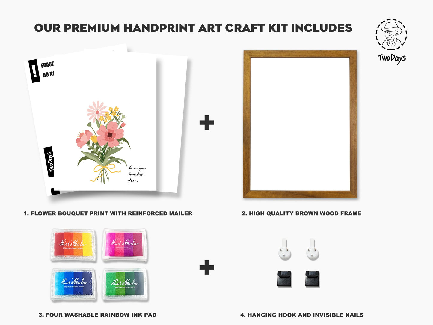 TwoDays Flower Bouquet Handprint Art Craft DIY Kit, Unique Gifts for Mom from Daughter or Son for Mother's Day Birthday Christmas, Gift for Grandma. (Floral-1, Brown)