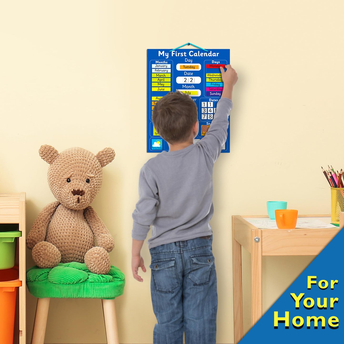 Fridge Magic Interactive Children's Magnetic Learning Calendar - Blue- Fun Educational Tool for Time, Seasons, and Weather Awareness - 40x32 cm with Easy Hang Loop