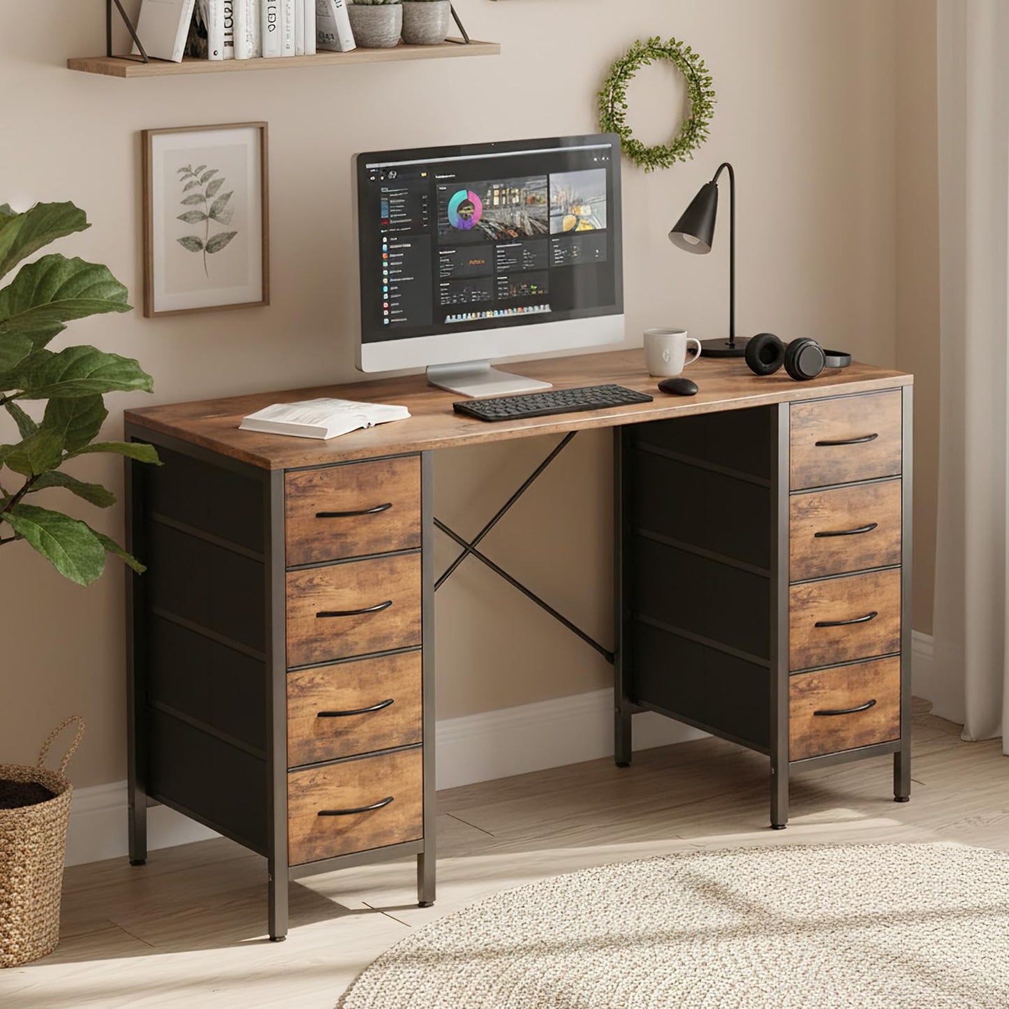 Sweetcrispy Desk with 8 Fabric Storage Drawers, Computer Office 47 Inch Gaming Writing Study Table with X-Shaped Reinforced Structure for Home Office Bedroom PC Desk, Brown