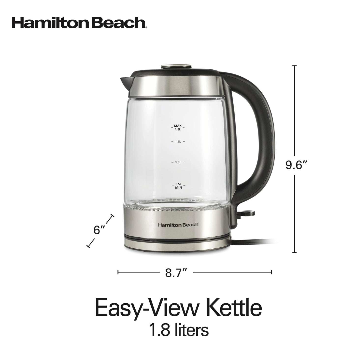 Hamilton Beach Electric Tea Kettle, Water Boiler & Heater, 1.8 Liter, 1500 Watts for Fast Boiling, BPA Free, Cordless Serving, Auto-Shutoff & Boil-Dry Protection, Blue LED, Glass (40853C)