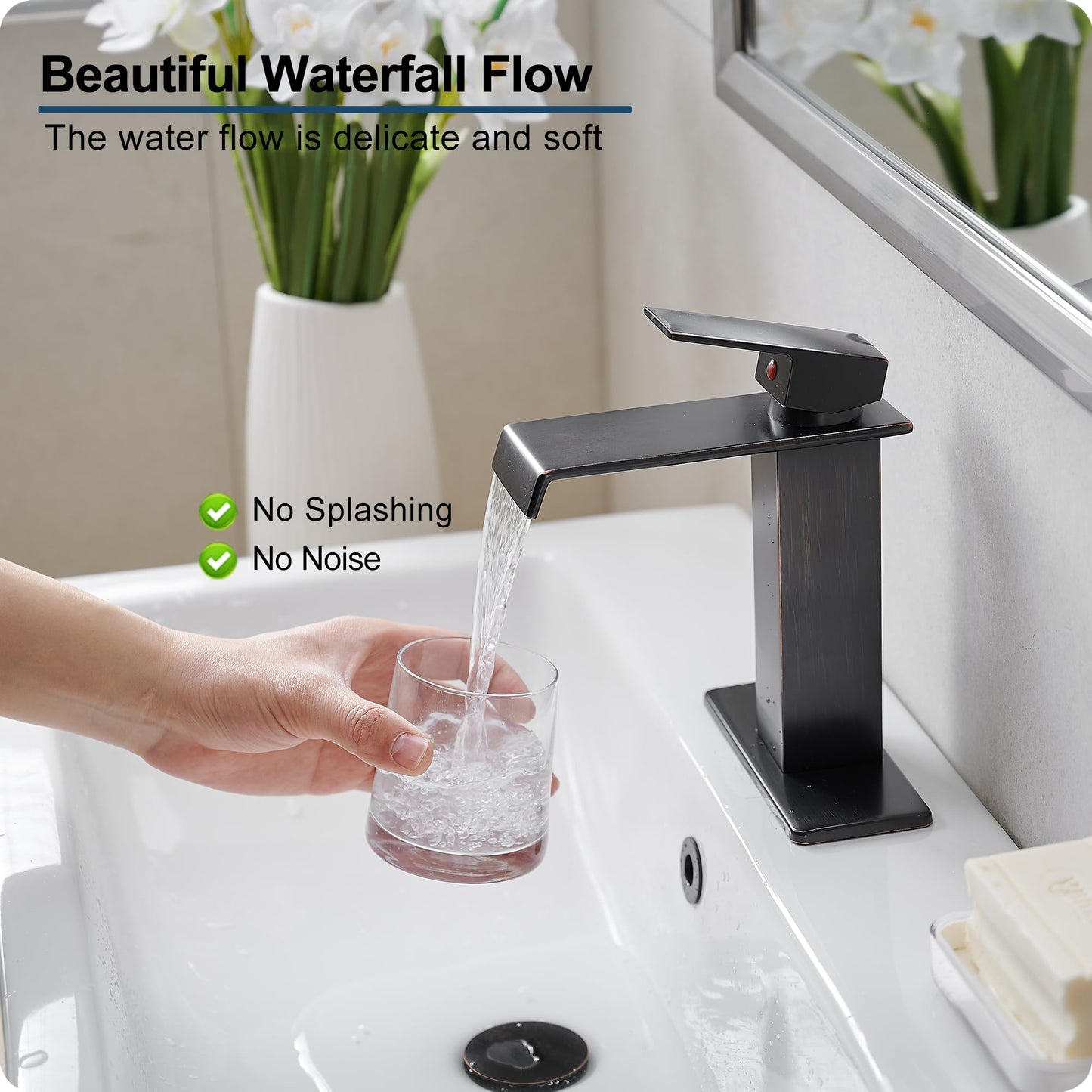 HOIGY Oil Rubbed Bronze Bathroom Faucet Waterfall Faucet, Brass Single Handle Bathroom Sink Faucet 1 Hole or 3 Holes, 4 Inch Bathroom Faucets with Deck Plate & Pop-Up Drain for Farmhouse Quick Install