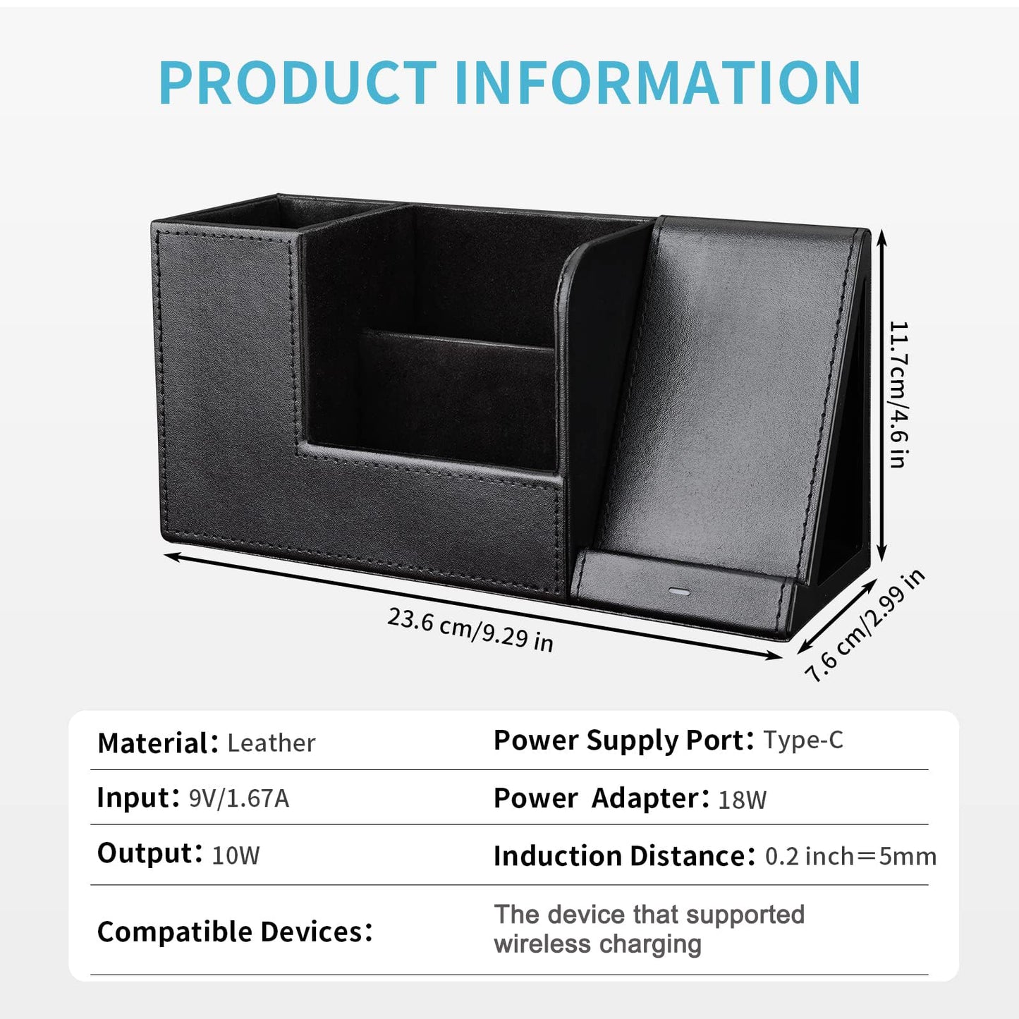 KINGFOM PU Leather Desk Organizer with Wireless Charging Station for iPhone, 10W Wireless Charger for iPhone 14/14 Pro/13/12/Samsung Galaxy S23/S22/S21/Note 20/Note 10(Black-L)