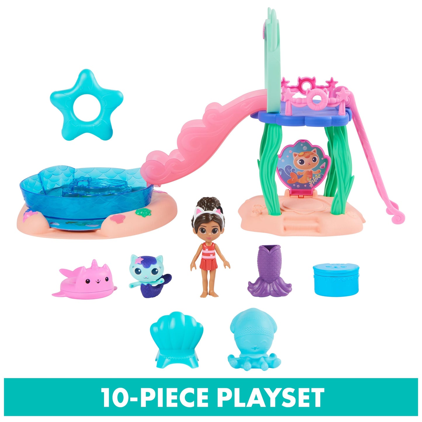 Gabby’s Dollhouse, Purr-ific Pool Playset with Gabby and Mercat Figures, Color-Changing Mermaid Tails and Pool Accessories Kids Toys for Ages 3 and Up