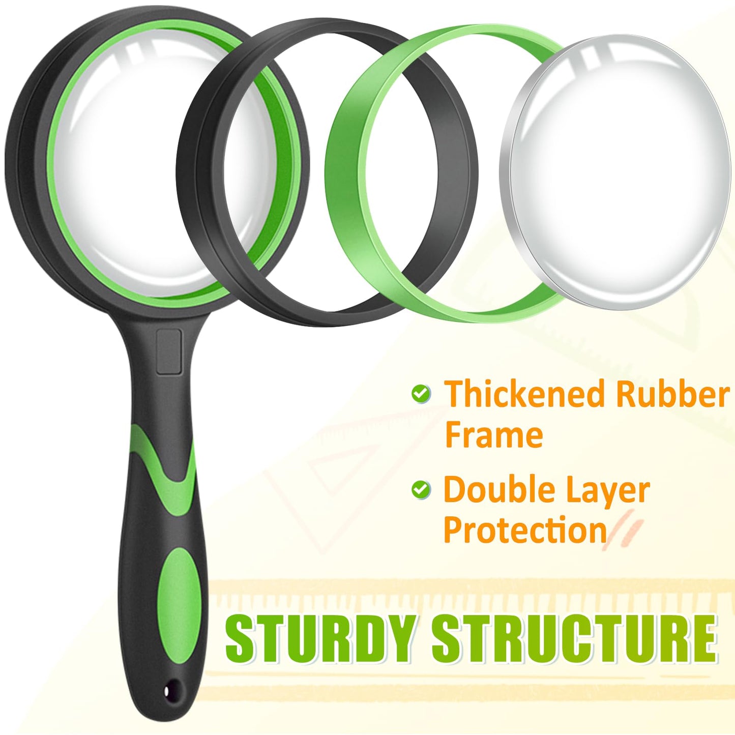 Leffis 24 Pack Magnifying Glass, 50mm 10X Glasses Lens Reading Magnifier for Kids and Seniors, Non-Slip Handheld Magnifying Glass for Close Work, Nature Exploration