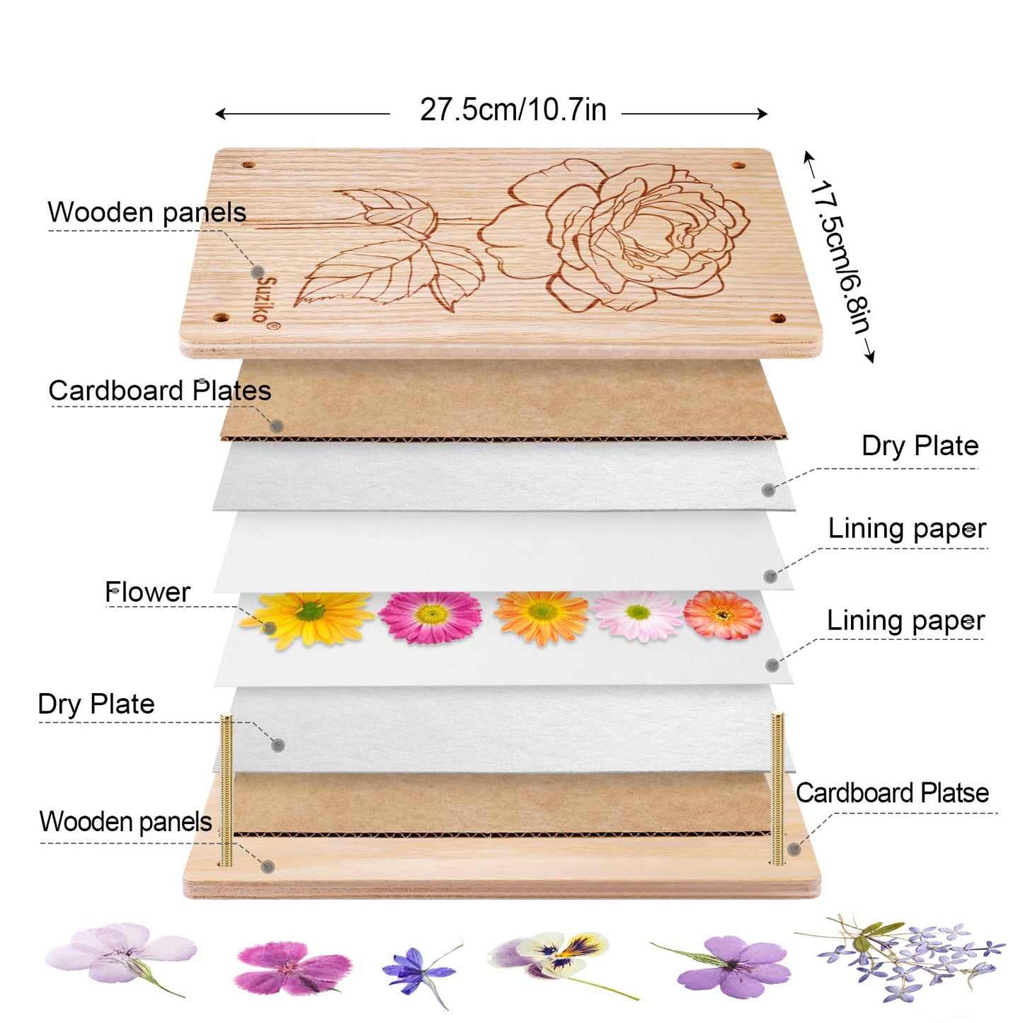 Suziko Large Flower Press Kit for Adults& Kids Flower &Plant Preservation Kit Measures 10.8" x 6.9" Suziko Leaves Press & Flower Press is a Great Gift for Lovers (Rose)