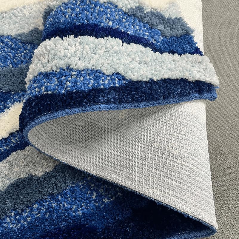 ZYLG Blue 3D Ocean Wave Bath Mat, Cute Funky Bathroom Rugs,for Coastal Beach Nautical Themed Decor, Non-Slip Washable Tufted Rug for Bedroom Kitchen Runner Rug (27.6 x 63 in)