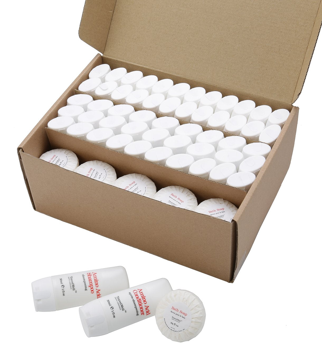 TRAVELWELL Hotel Amenities 30ml Shampoo (25 Bottles) + Conditioner (25 Bottles) + Mini Soap Bars (25 Bars, 28g) | Travel Size Toiletry Set