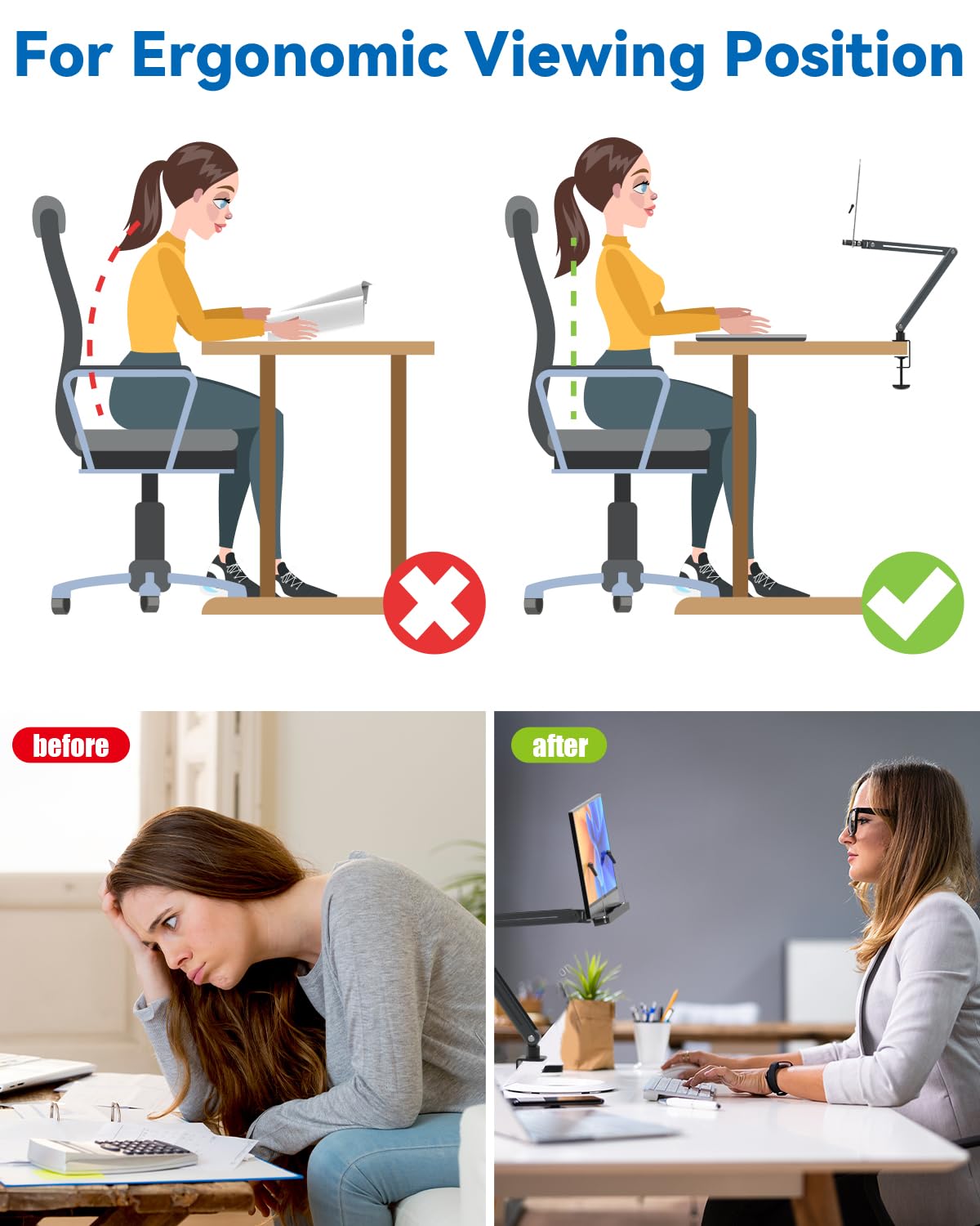 YCNEW Desk Clamp Acrylic Book Stand for Reading, Ergonomic Design Adjustable Height up to 20 inches with Rotating Bases Cookbook Stand, Suitable for Recipe, Sheet Music, Tablet(Gray)