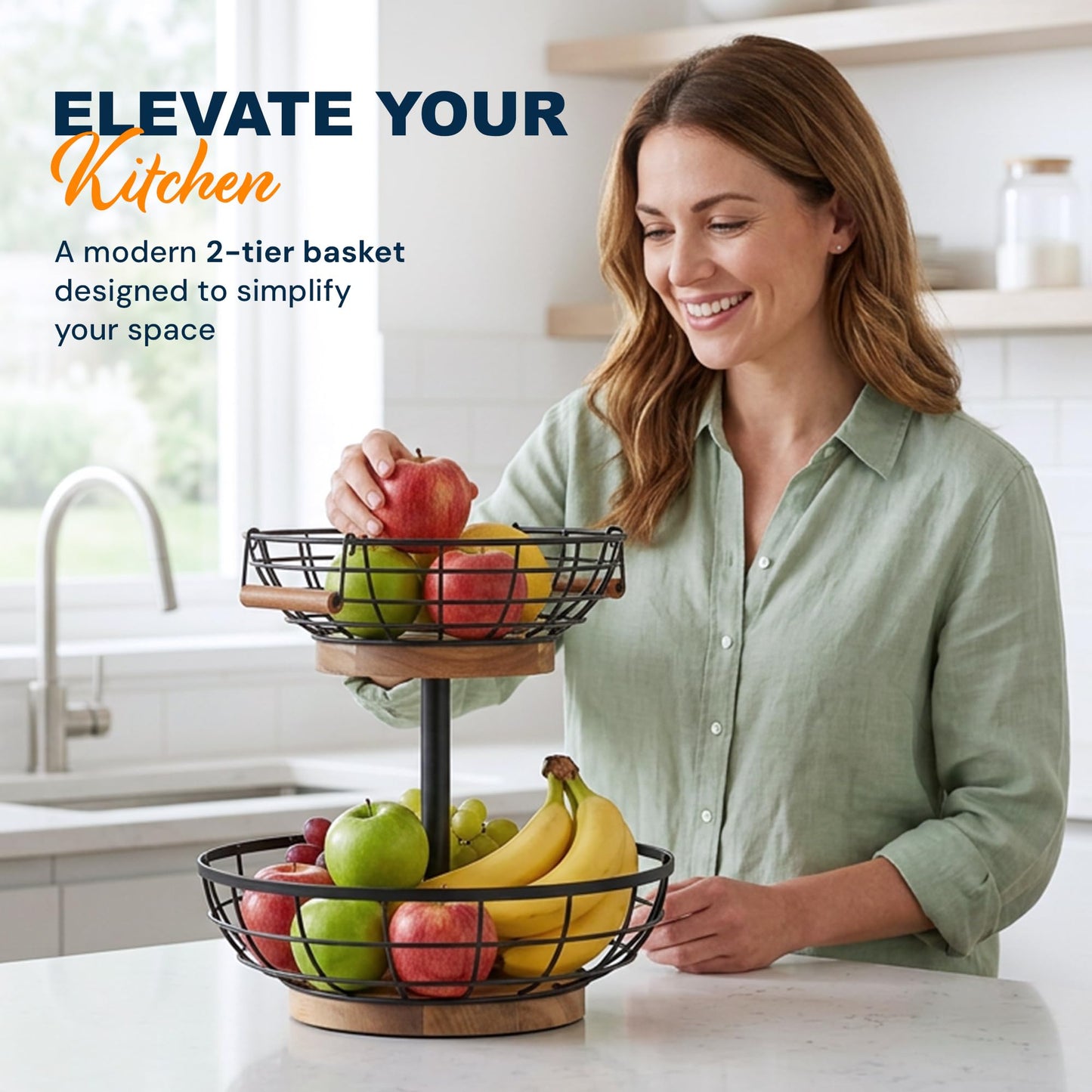 MILENTII 2 Tier Fruit Basket with Banana Hanger, Metal Fruit Bowl Stand with Wooden Base, Kitchen Counter Fruit Organizer for Vegetables, Bread, Snacks Storage Basket