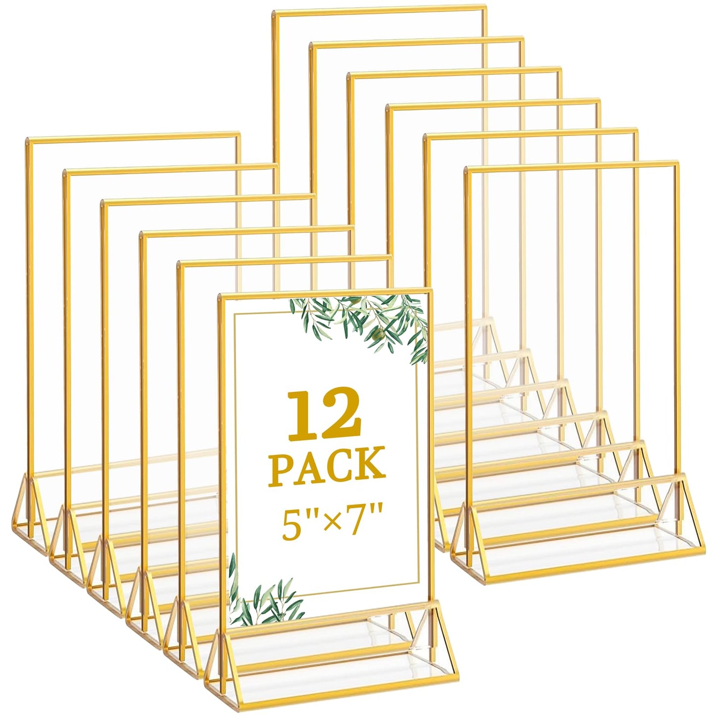 Floroom 12 Pack 5x7 Inch Clear Acrylic Sign Holders, Double-Sided Gold Display Stand Picture Frames for Table Numbers, Menus, Flyers, Weddings, and Offices