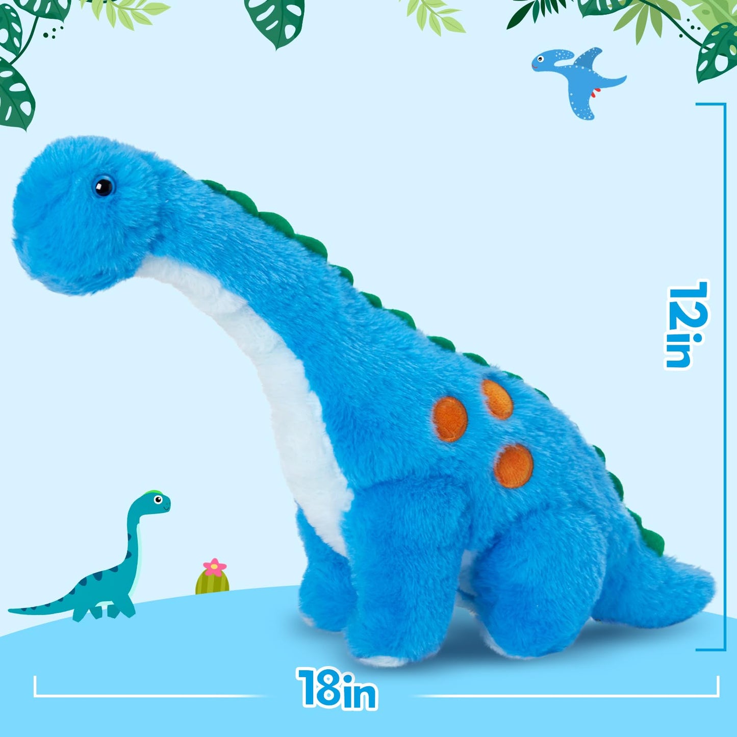 Houwsbaby Light up Dinosaur Diplodocus Stuffed Animal Floppy LED Plush Toy Night Lights Glow Pillow Long Neck Birthday Gifts for Kids Toddler Girls and Boys, Blue, 10.5’’