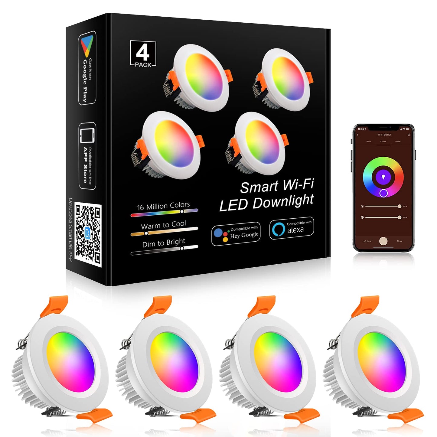 YGS-Tech Smart 2 Inch LED Recessed Lighting RGB WiFi Downlight, 5W Compatible with Alexa and Google Home, Dimmable RGB & CCT 2700-6500K Color Changing, 120V Ceiling Light with LED Driver (4 Pack)
