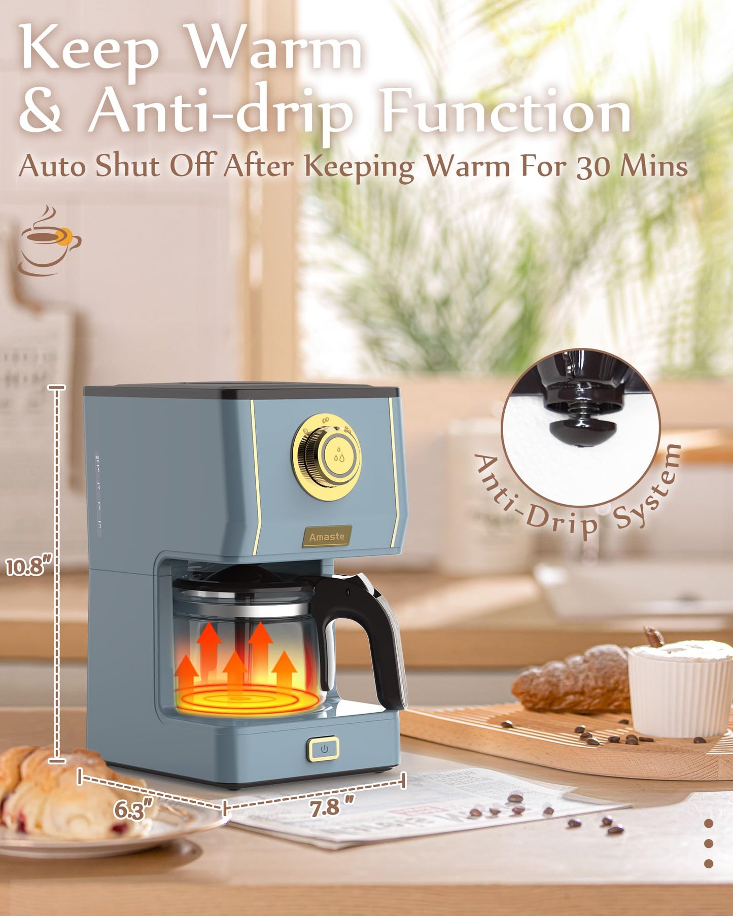 Amaste Coffee Maker, 5 Cup Coffee Pot with Three Brewing Modes, Retro Coffee Maker with Glass Carafe & Reusable Coffee Filter, Drip Coffee Maker Ideal for Home or Office, Keep Warm, Ash Blue