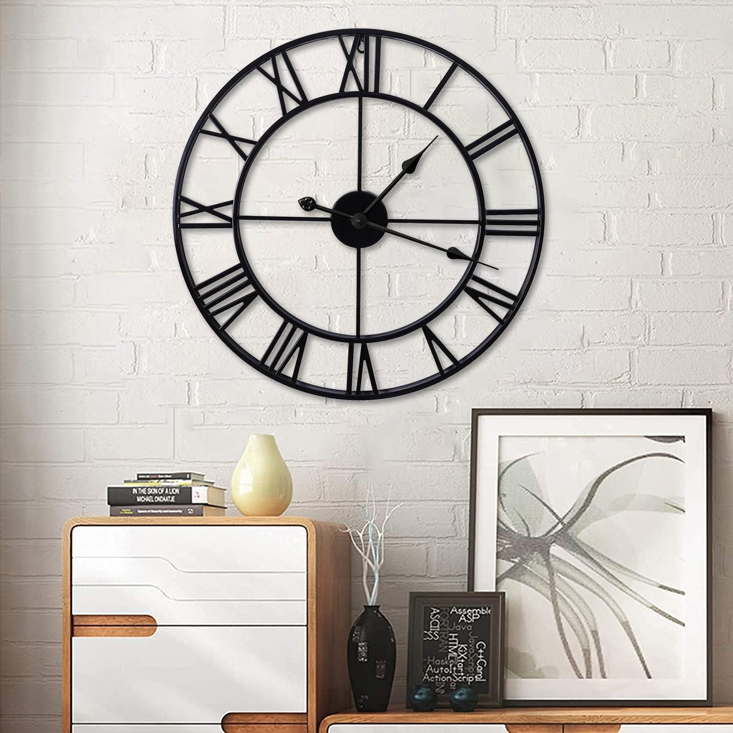Large Wall Clocks Non-Ticking Silent 30 inch Battery Operated Oversized Metal Round Roman Numerals European Industrial Wall Clocks for Home Kitchen Living Room Office Decor