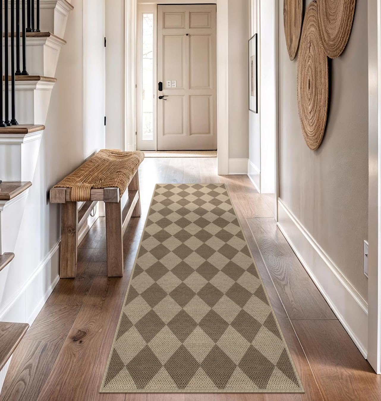 Rugalia Easy Jute Checkered Runner Rug, 2.6x8 Brown Modern Washable Rugs Runner for Hallway Non-Slip Kitchen Runner Rug, Geometric Diamond Indoor Outdoor Carpet for Porch Laundry Entryway