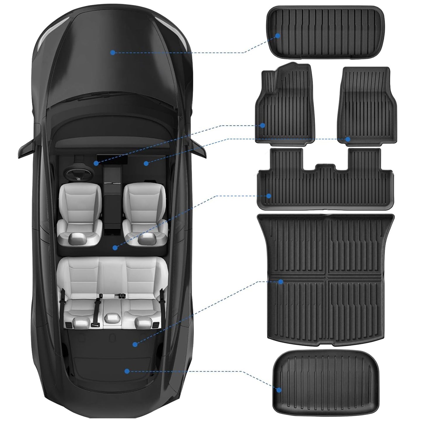 Tesstudio 2025 2026 Tesla Model Y Juniper Floor Mats, Cargo Mats Full Sets, Non-Slip Waterproof & Easy-Clean Durable Upgraded-Lengthened Floor Liners and Cargo Trunk Mats Accessories, Set of 6 Mats