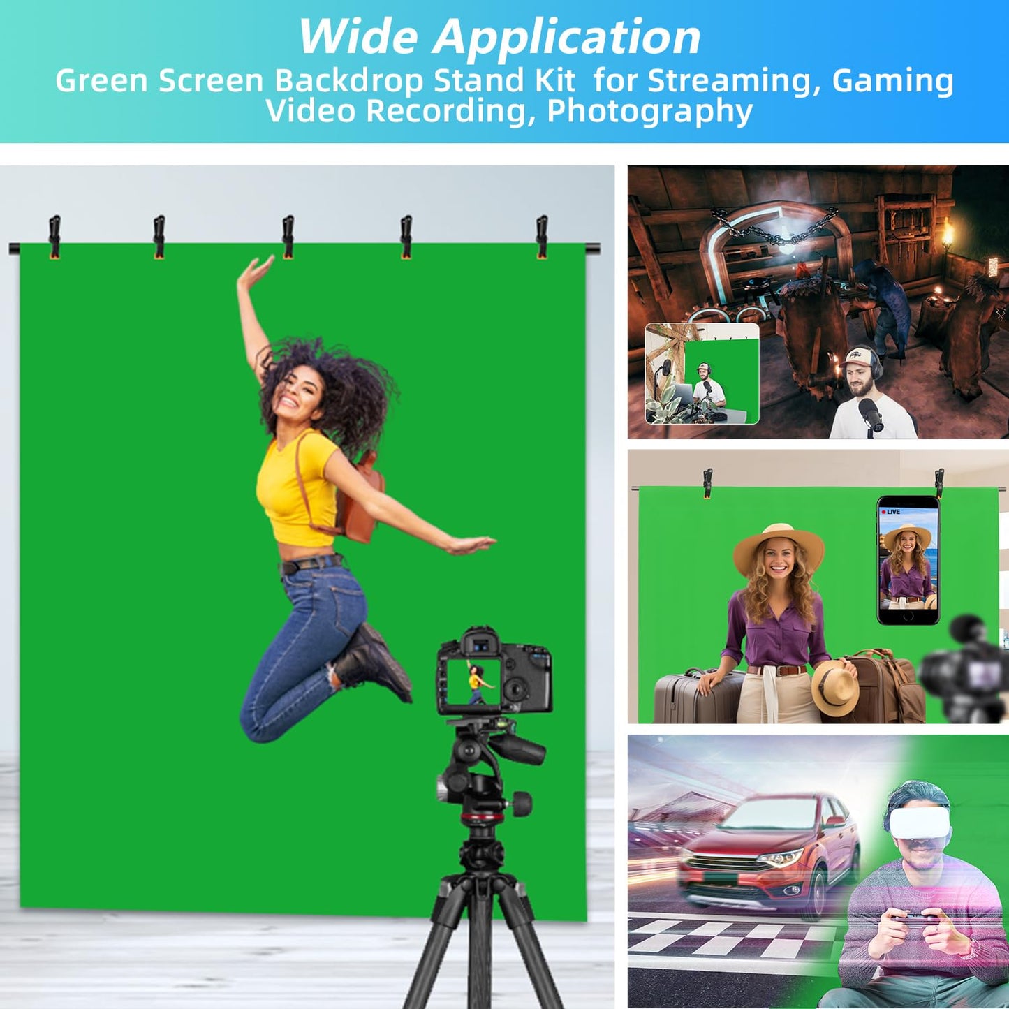 JEBUTU Green Screen Backdrop Kit with Stand, Green Screen Backdrop with Stand Kit,5X6.5ft Portable Green Screen Stand kit, GreenScreen Background with Stand Carrying Bag Clamp for Streaming Video Zoom
