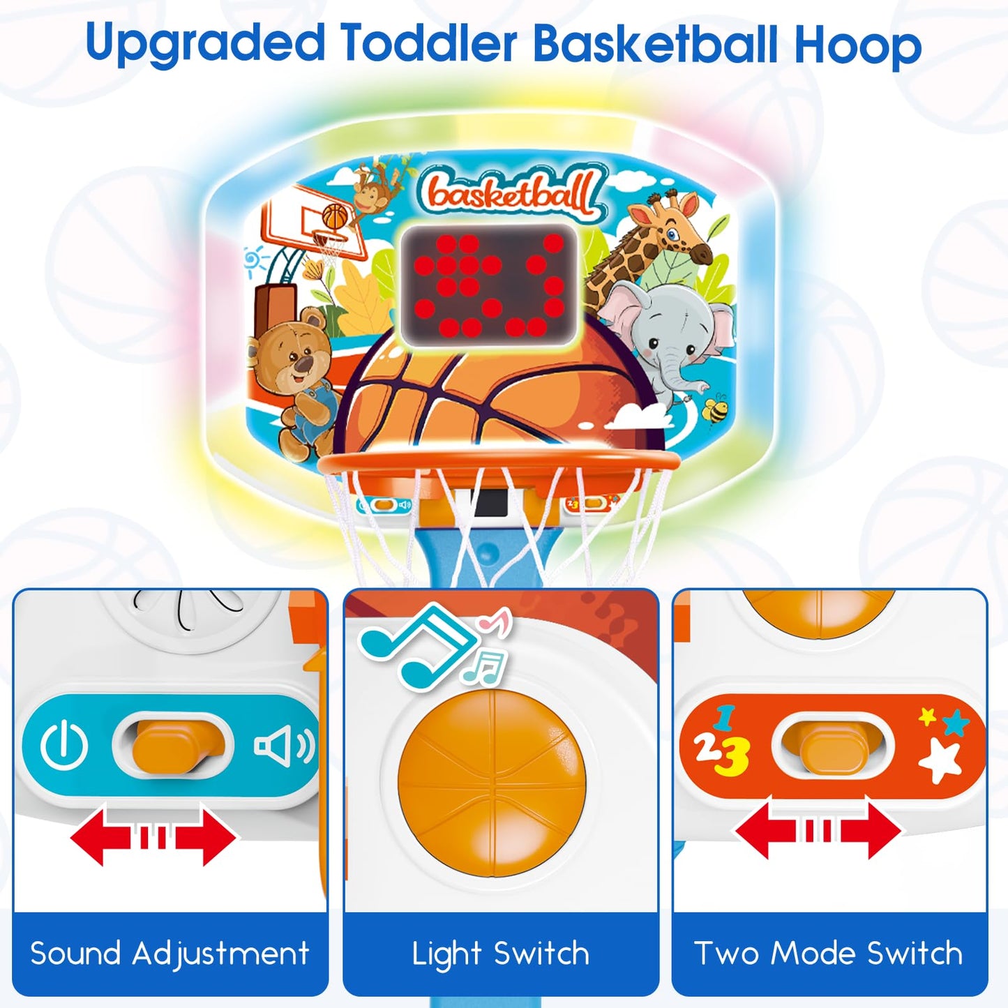 Toddler Basketball Hoop Indoor for Age 1-3, Kids Basketball Hoop with Led Light Scoreboard, Adjustable Basketball Goal with 3 Balls, Outdoor Sport Toy for 1 2 3 4 Year Old Baby Boy Girl Birthday Gift