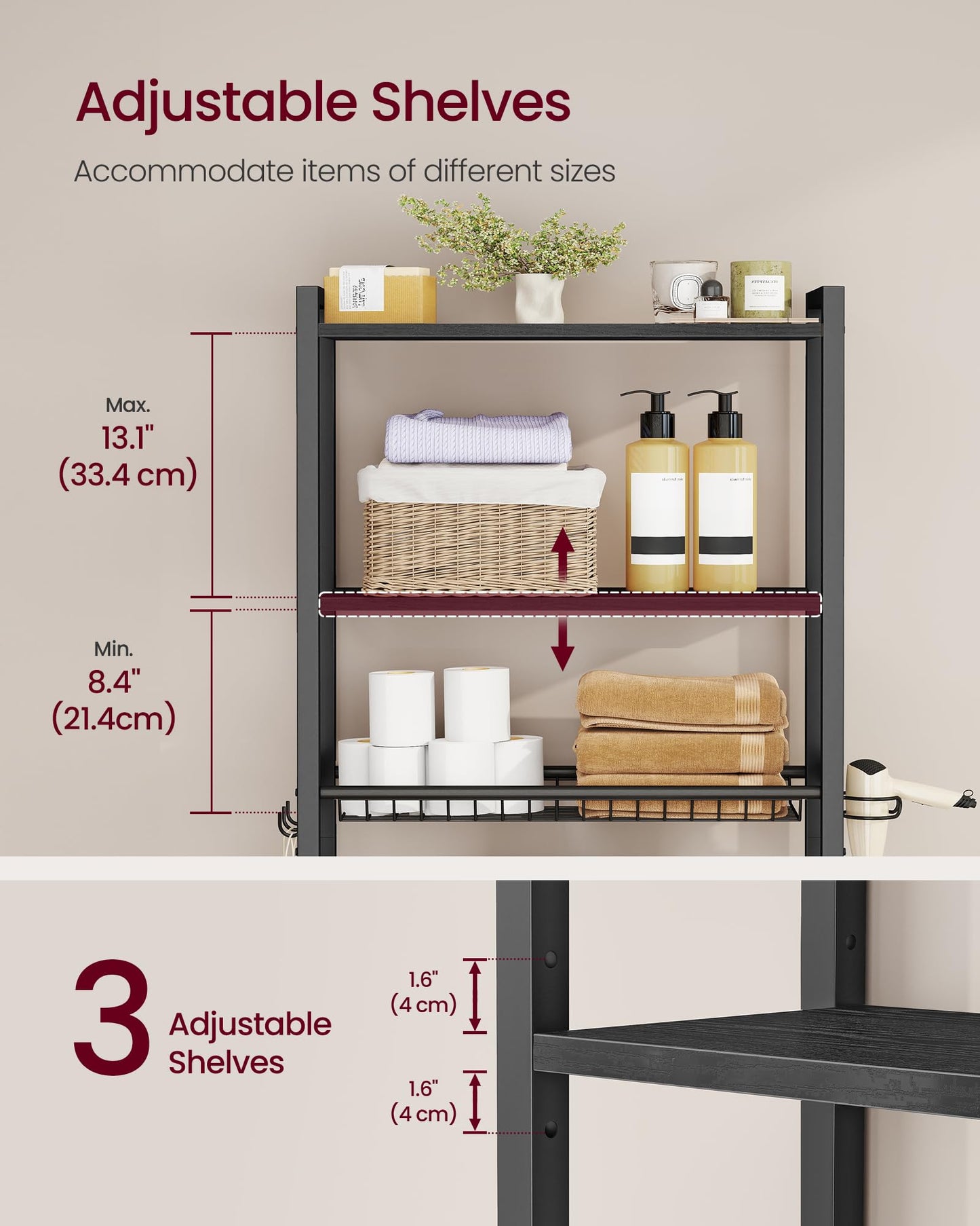VASAGLE BARNET Collection - Over the Toilet Storage, Over Toilet Bathroom Organizer with Adjustable Shelves and Basket, 3 Hooks, Space Saving, 9.4 x 23.6 x 63 Inches, Ebony Black UBTS113BE01S