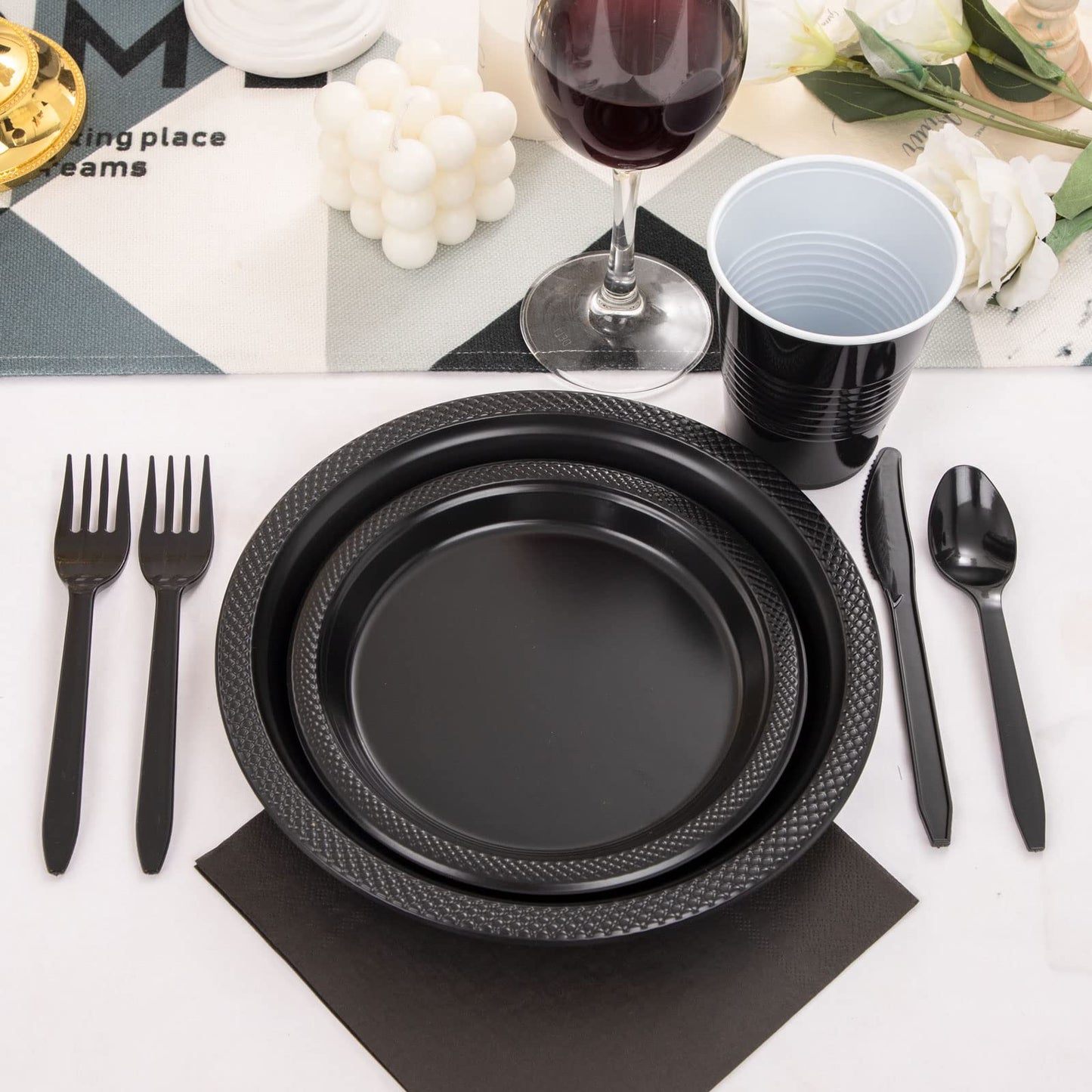 MirthMood 350PCS Black Disposable Plates, Black Party Supplies, Includes 50 Dinner Plates, 50 Salad Plates, 50 Silverware, 50 Napkins and 50 12OZ Cups.