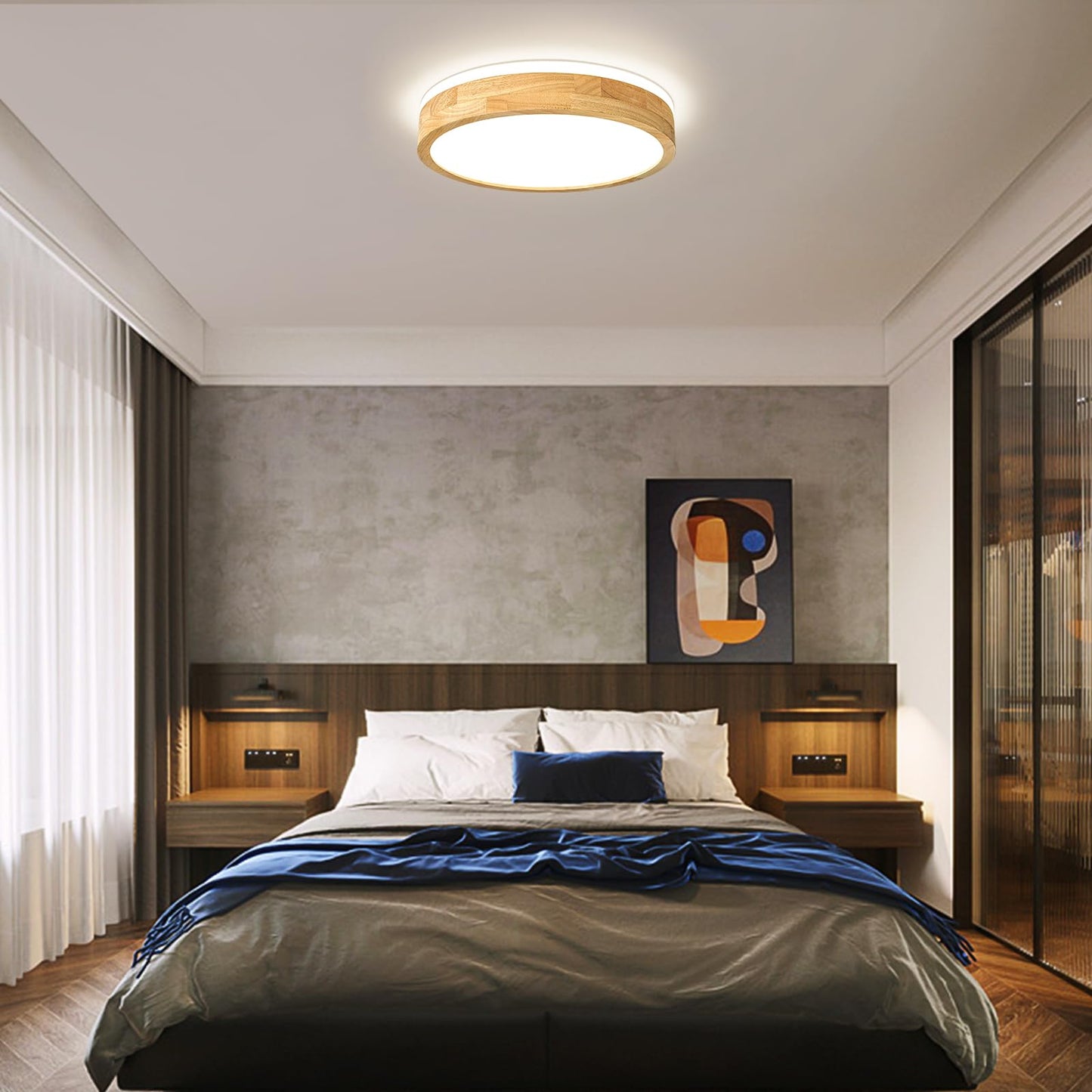 Pevfah Modern Dimmable Wood Flush Mount Ceiling Light, 2700K-6000K 5CCT Round Close to Ceiling Lighting Fixtures, Minimalist LED Ceiling Lamp for Bedroom, Kitchen, Hallway, Living Room-15.74in