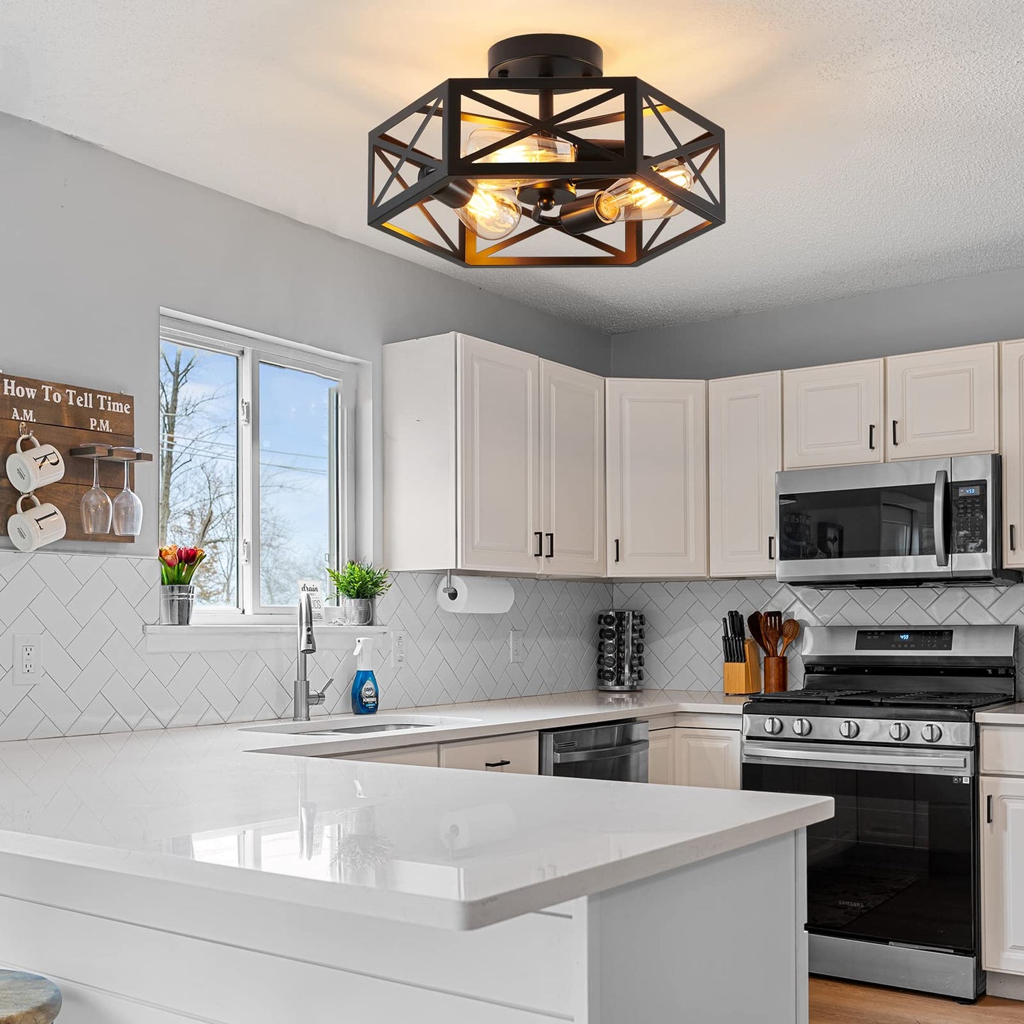 XSDeTu Semi Flush Mount Ceiling Light Fixture, Modern Farmhouse 3-Light Black Ceiling Light, Industrial Close to Ceiling Light with Metal Hexagon Cage Ceiling Lamp for Kitchen, Hallway, Bathroom