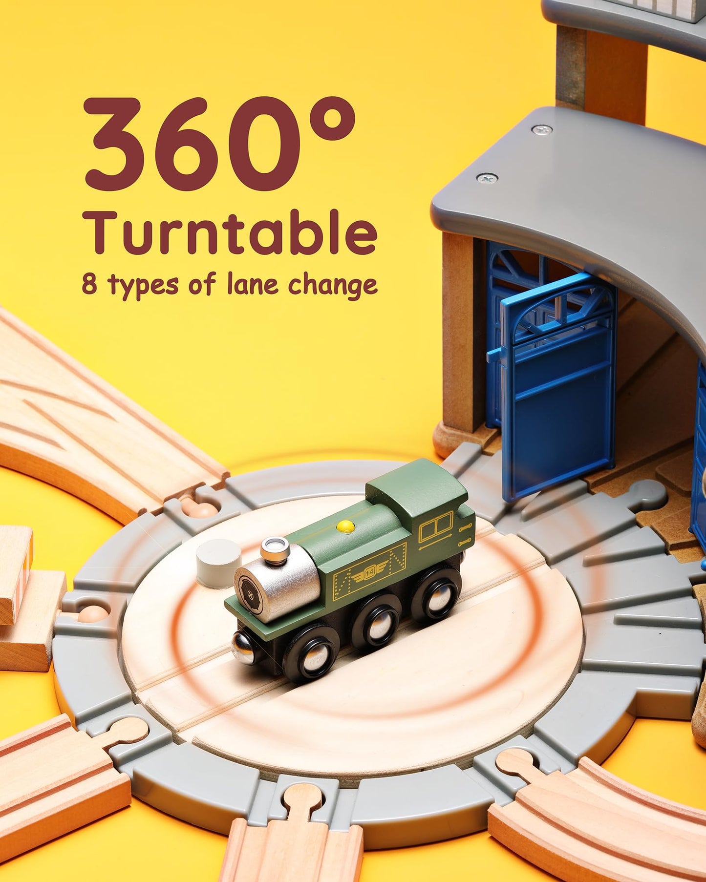 SainSmart Jr. Wooden Train Track with Roundhouse - Railway Toy for Toddlers, Double-Side Tracks Compatible with with All Major Brands - Wood Toy Train for Aged 3+