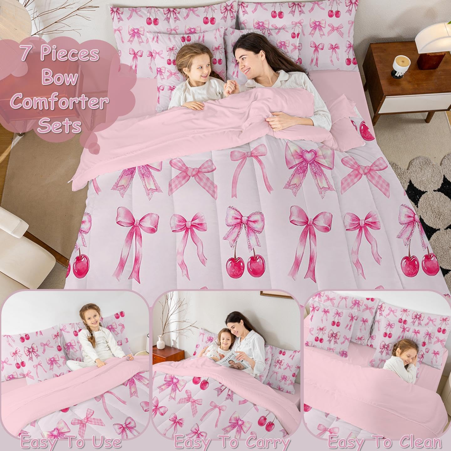 Pink Cherry Bow Twin Comforter Set for Girls 7 Piece Bed in a Bag,Cute Bowknot Reversible Twin Bedding Sets for Girls,Princess Bow Coquette Comforter and Sheet Set Girly Kawaii Room Decor Aesthetic