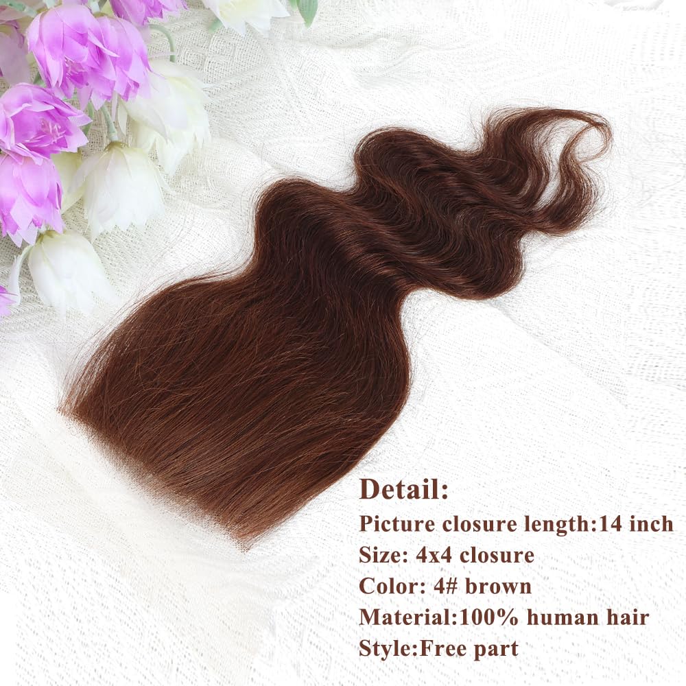 Brown color Body Wave Closure 4x4 Free Part Closure Brazilian Human Hair Closure Body Wave Lace Closure Virgin Human Hair HD Lace Chocolate Brown (18 Inch)
