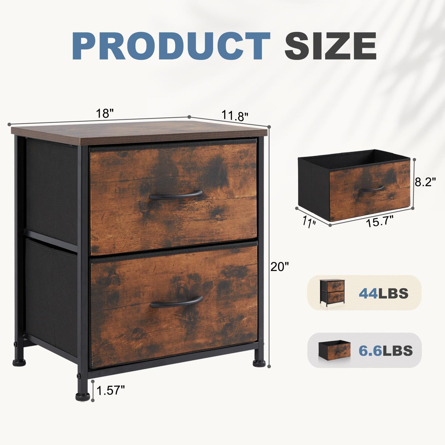 DUMOS Nightstand Small Dresser with 2 Fabric Drawers Side Tables Bedroom End Table Kids Bedside Storage Furniture for 20 inch Tall Night Stand for Closet, Entryway, College Dorm, Rustic Brown 2 Pack