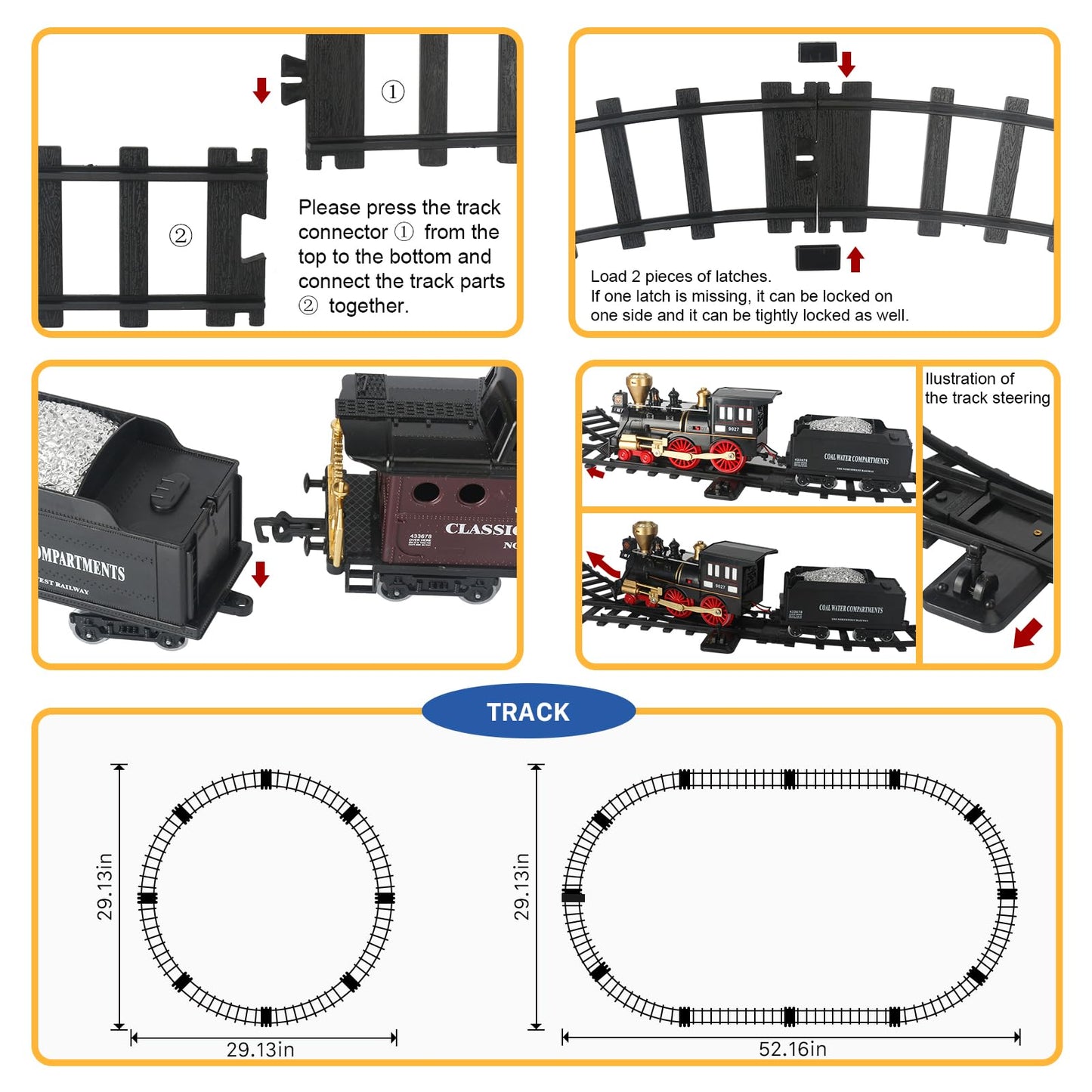 Train Set for Kids,Remote Control Electric Train Set for Children with Tracks,Steam Locomotive Engine w/Smoke Sound Light Cargo Vehicle,Christmas Birthday Toys for Boy for 3 4 5 6 7 8+ Year Old Kids